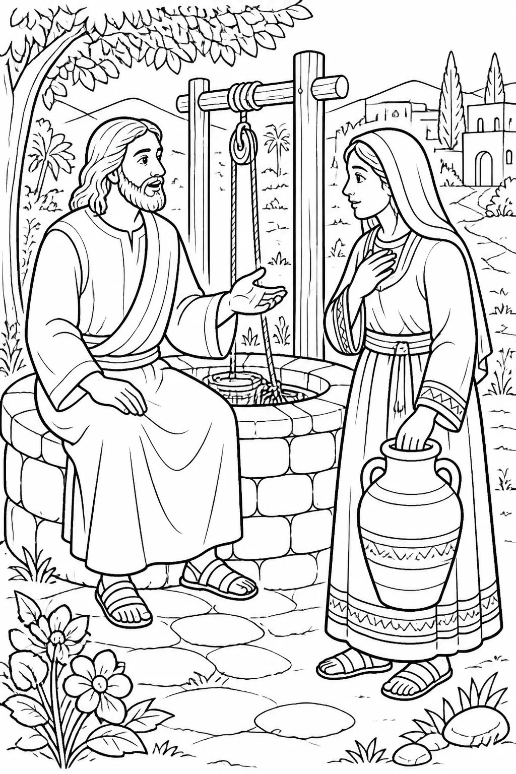 Jesus speaks respectfully with a Samaritan woman beside Jacob’s well, based on John 4:16–18.