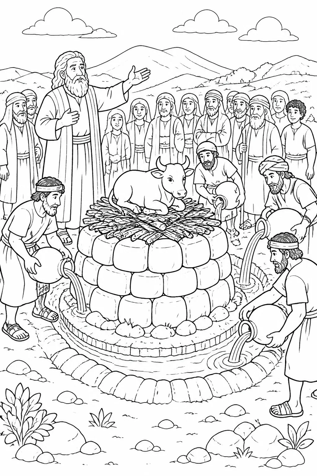 Elijah repairs the LORD’s altar with twelve stones while the people of Israel watch; wood and an offering are arranged, and water fills a trench.