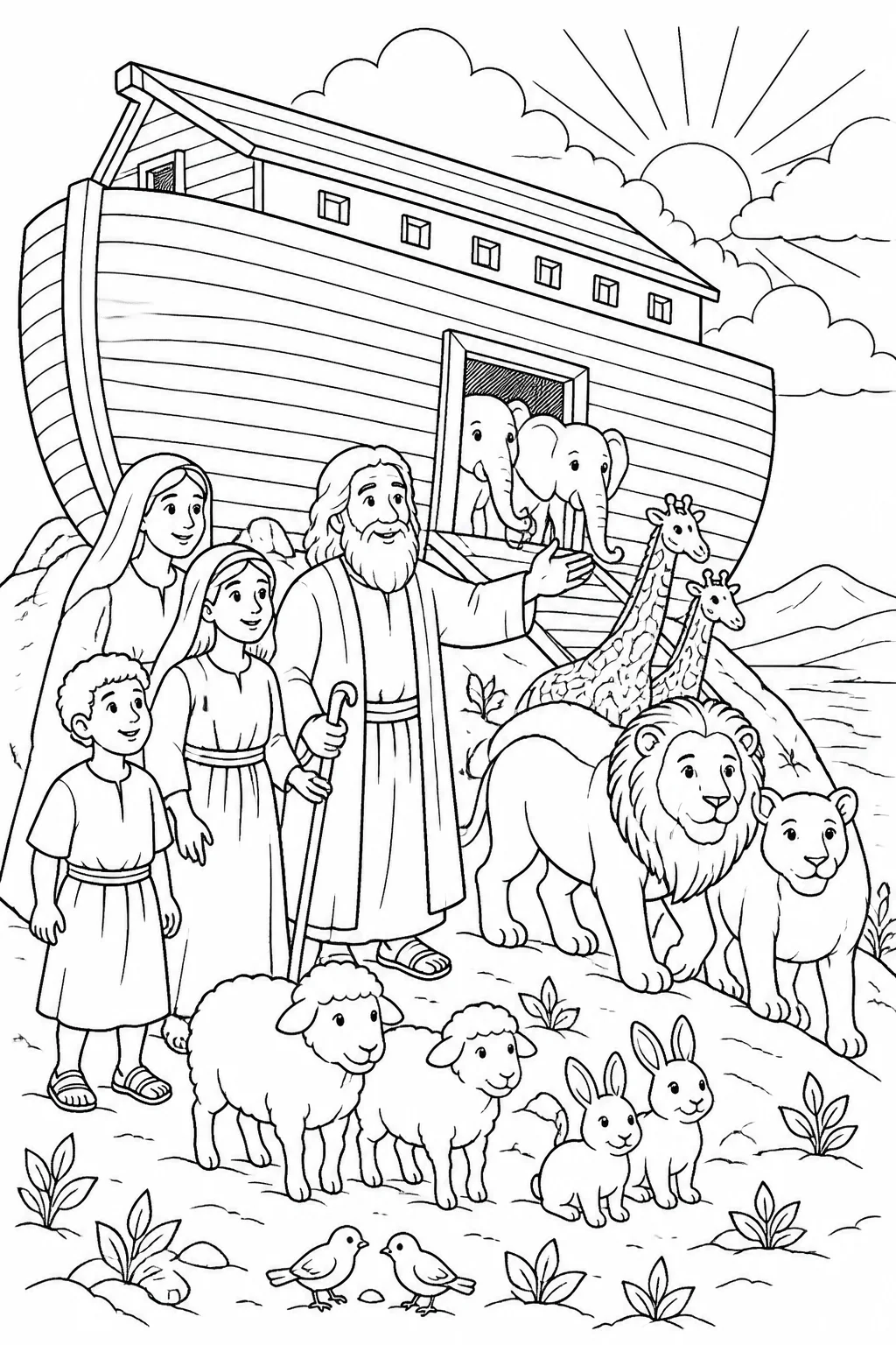 Ark Resting on Dry Land and Mountain View from Noah’s Ark Bible coloring page