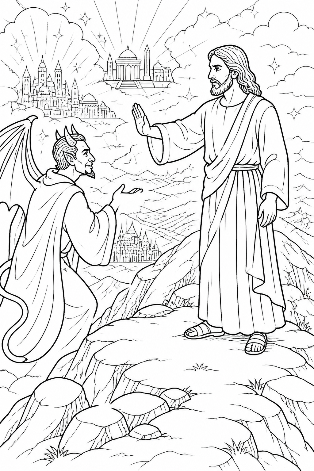 Jesus Worships God Alone from Jesus Is Tempted in the Wilderness Bible coloring page