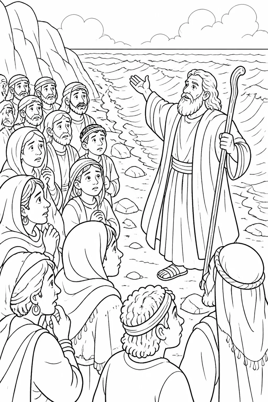 Moses holding his staff and reassuring worried Israelites near the Red Sea, based on Exodus 14:13-14.