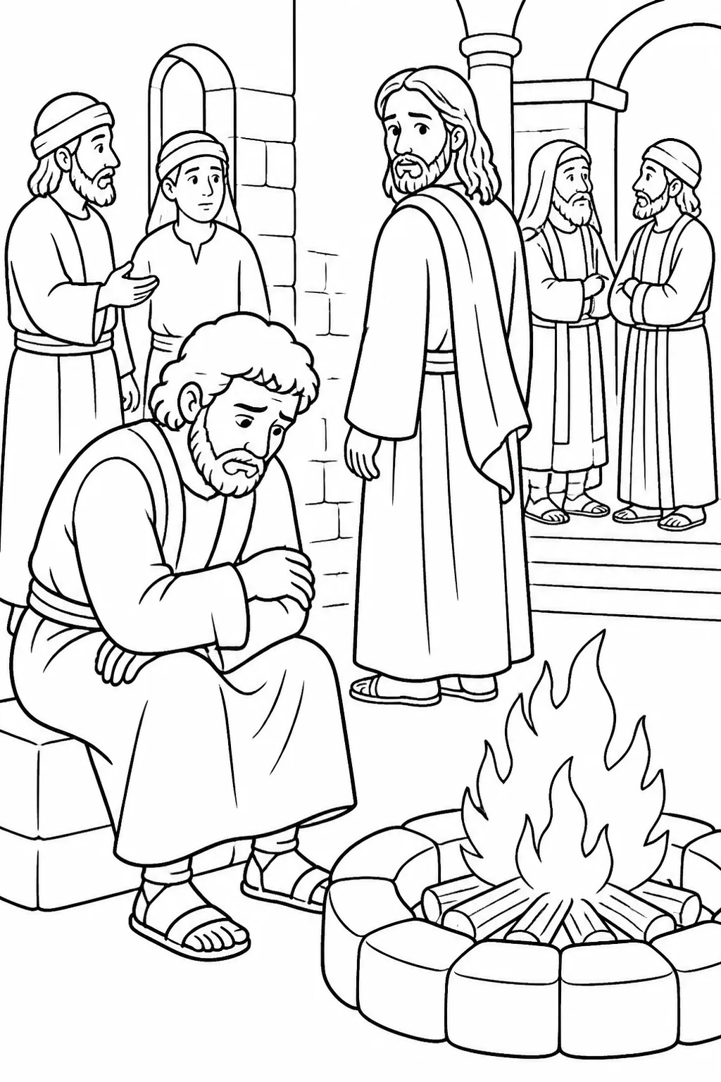 Peter sitting near a courtyard fire at the high priest’s house while Jesus looks toward him after Peter’s third denial, based on Luke 22:54–62.
