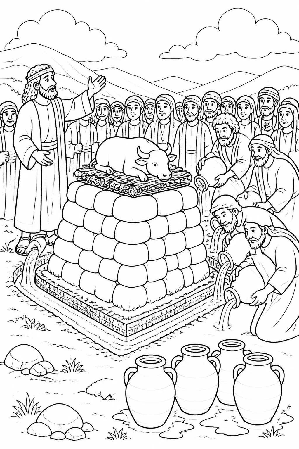 Elijah repairs the LORD’s altar with twelve stones while the people of Israel watch; wood and an offering are arranged, and water fills a trench.