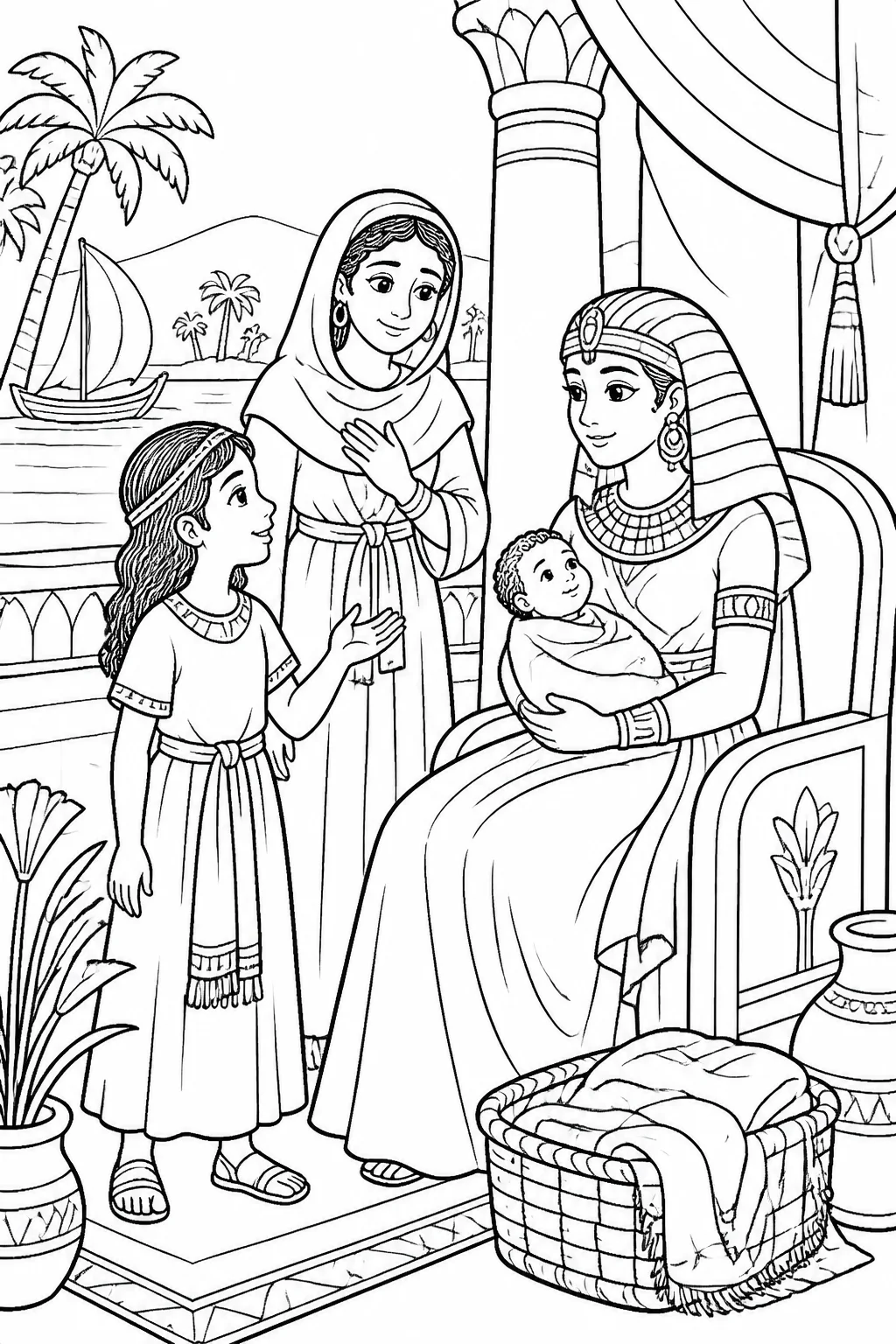 Moses’s sister asks Pharaoh’s daughter whether she should call a Hebrew woman to nurse baby Moses, leading to Moses’s mother caring for him.