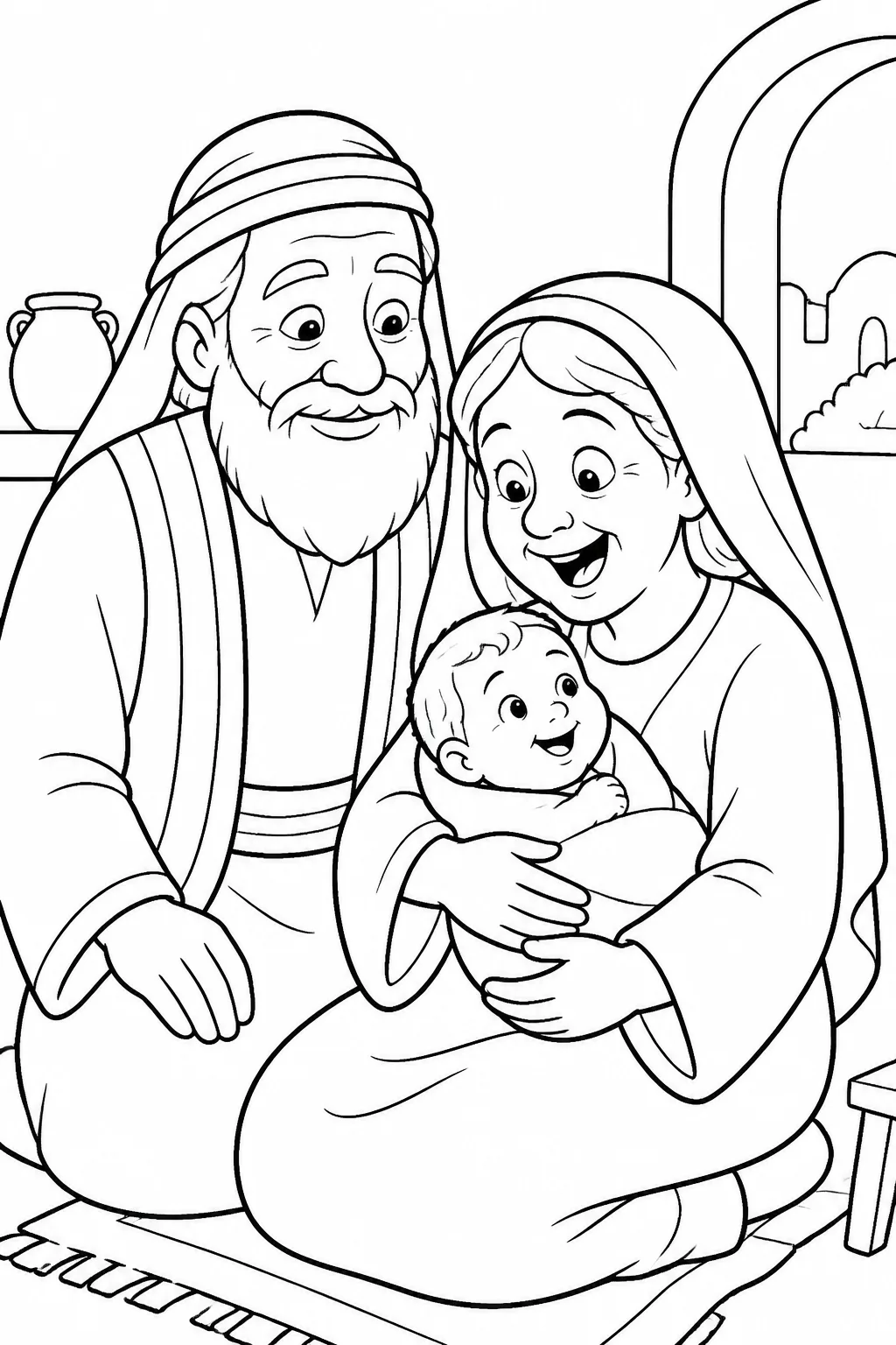 Sarah joyfully holds Isaac while Abraham stands beside her, reflecting Genesis 21:5-7 and Sarah’s wonder at Isaac’s birth in Abraham’s old age.