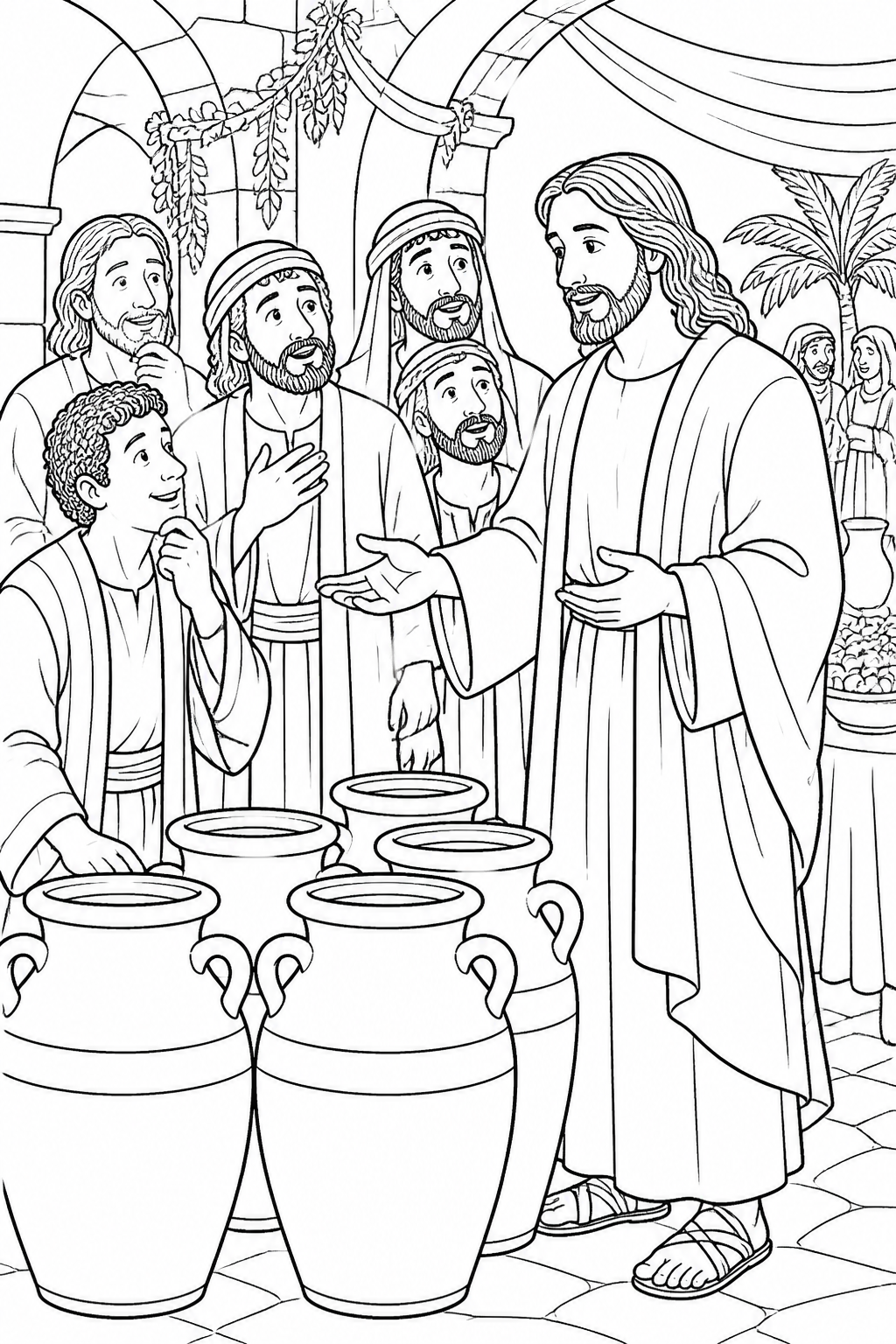 The Disciples’ Growing Trust from Jesus Turns Water into Wine Bible coloring page