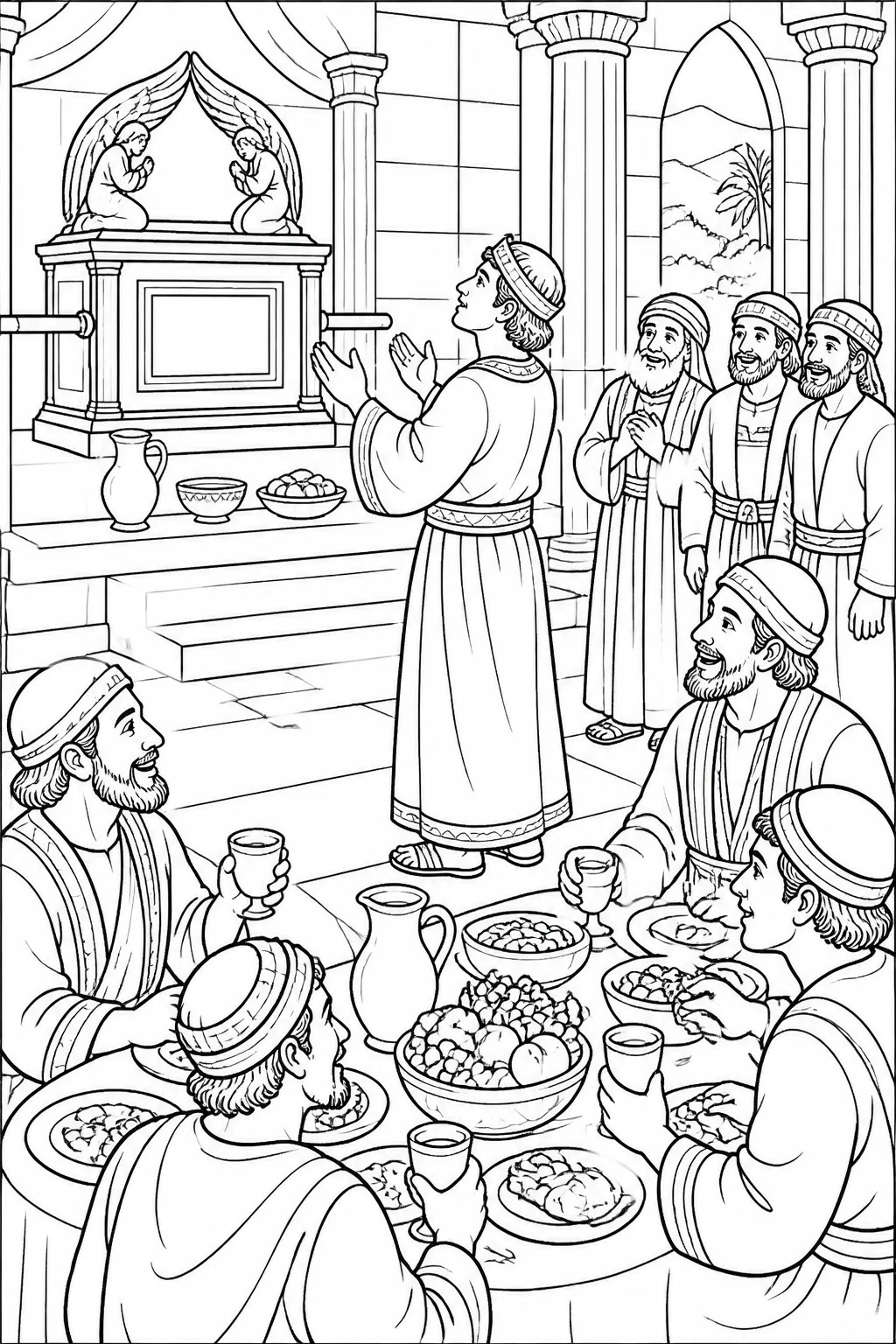 Solomon worshiping before the ark of the covenant in Jerusalem, with simple offerings, servants, and a nearby feast table.