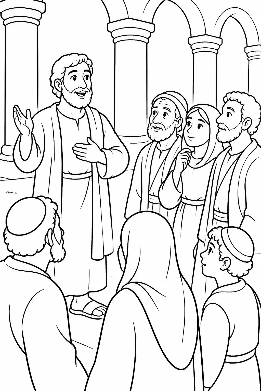 Peter speaking to people at Solomon’s Portico and inviting them to repent and turn back to God.