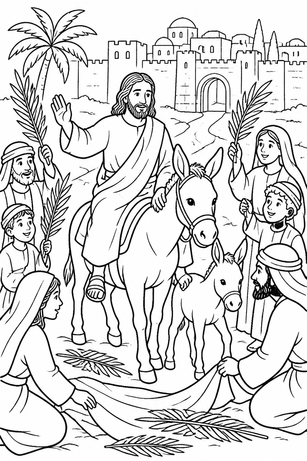 The Humble King Comes from Jesus Enters Jerusalem Bible coloring page