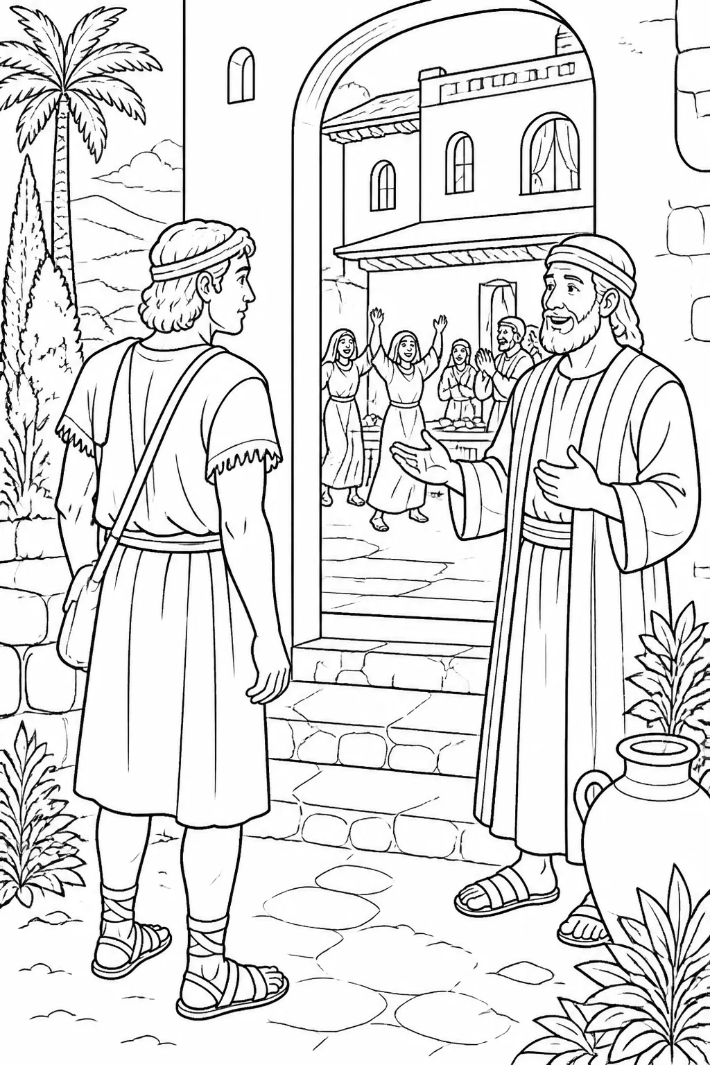 The older son approaches his father’s house from the field, hears music and dancing, and learns from a servant that his younger brother has returned safely and a celebration has begun.