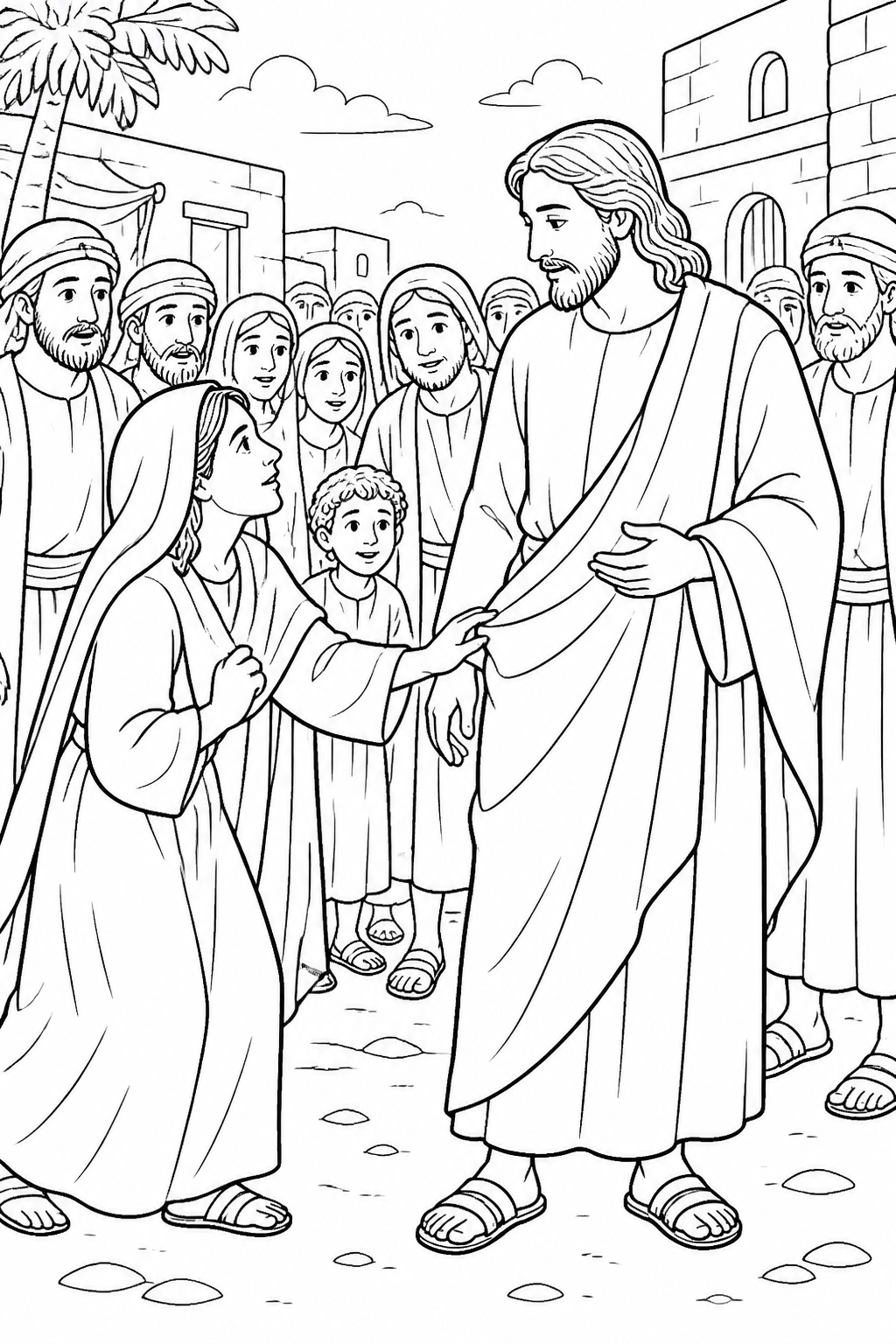 A Woman Touches Jesus’ Clothing from Jesus Raises Jairus’s Daughter Bible coloring page