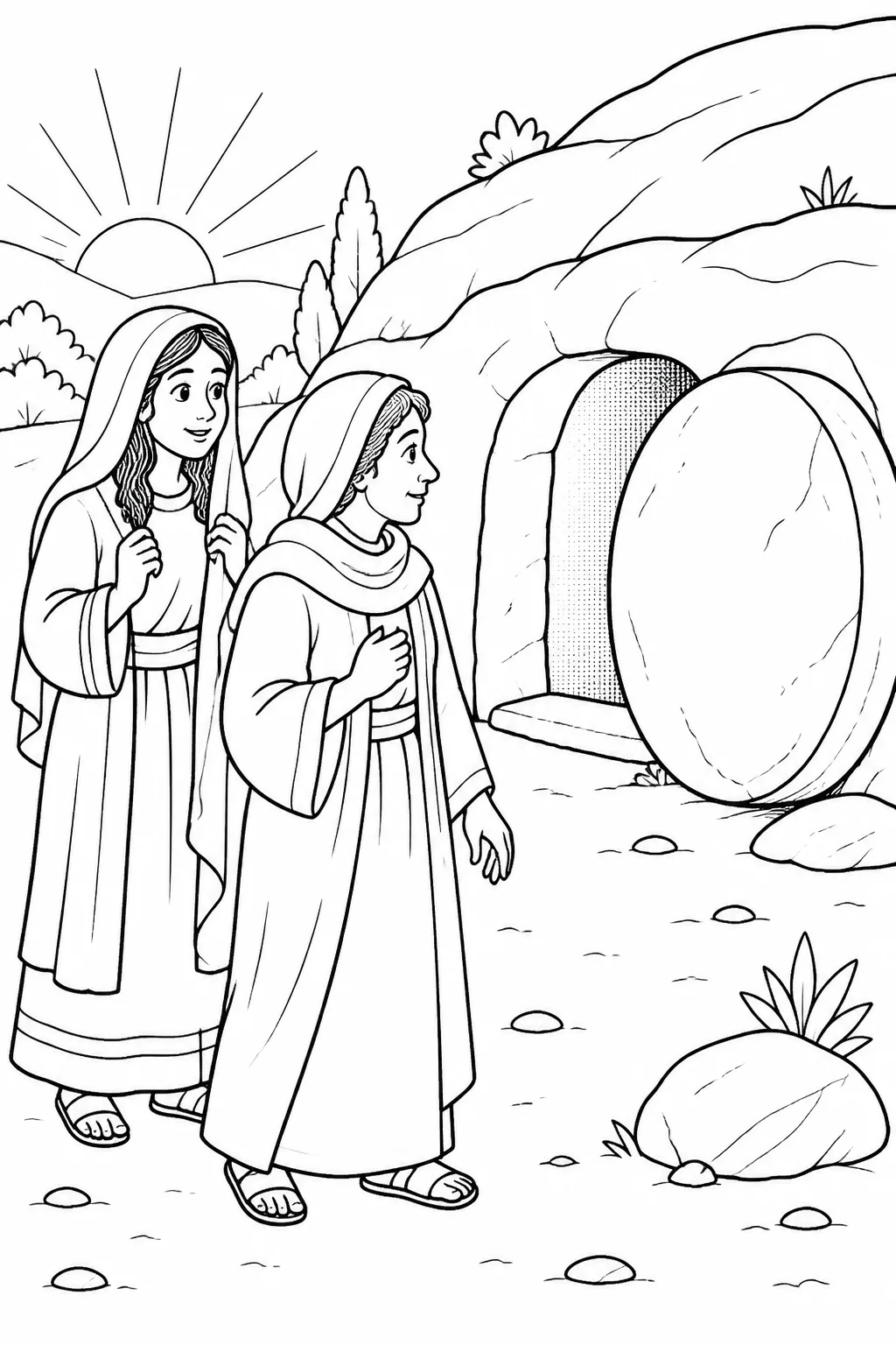 Mary Magdalene and the other Mary stand near the sealed stone at Jesus’ tomb at dawn after the Sabbath, as described in Matthew 28:1.
