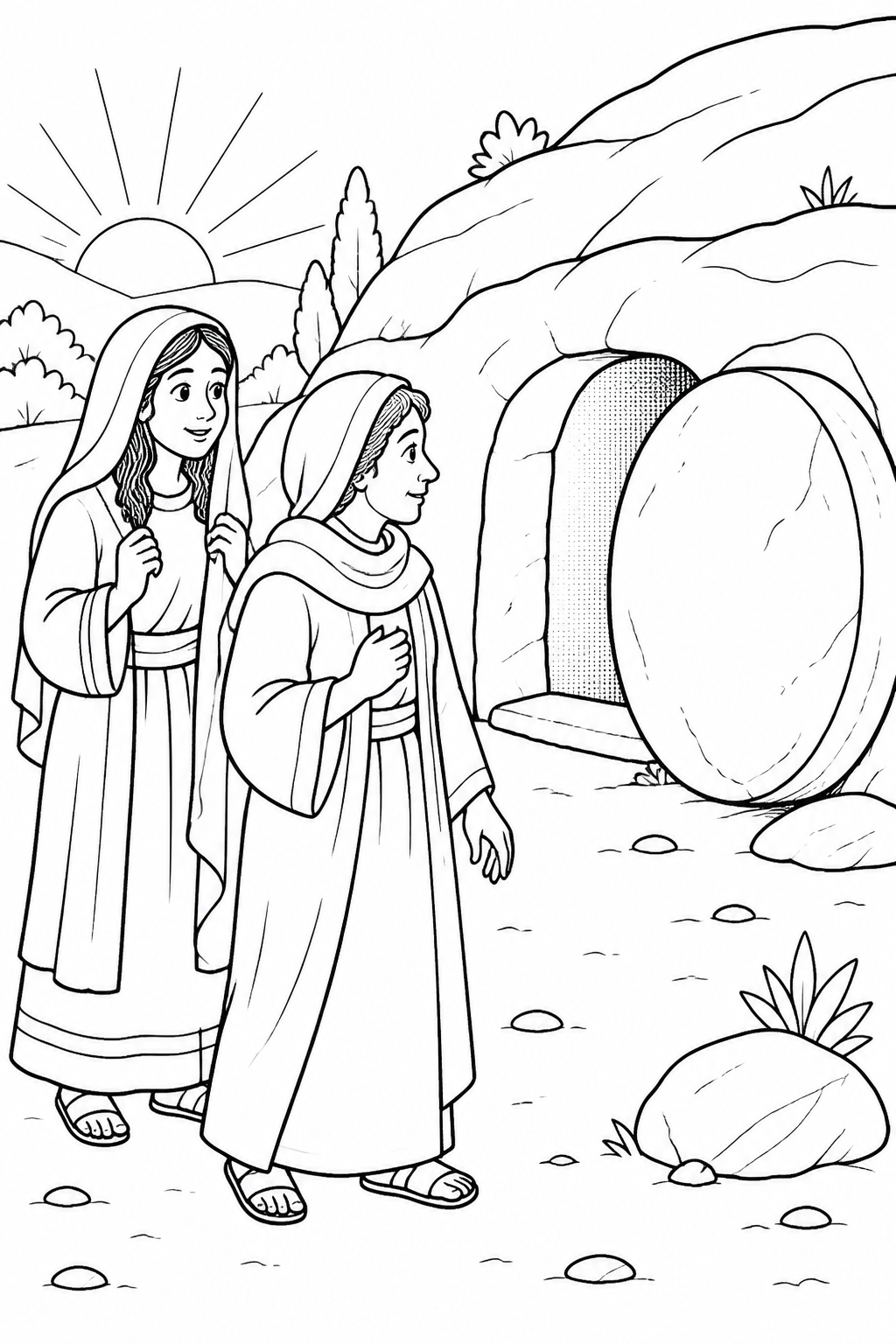 The Women Visit the Tomb from Jesus Is Risen Bible coloring page