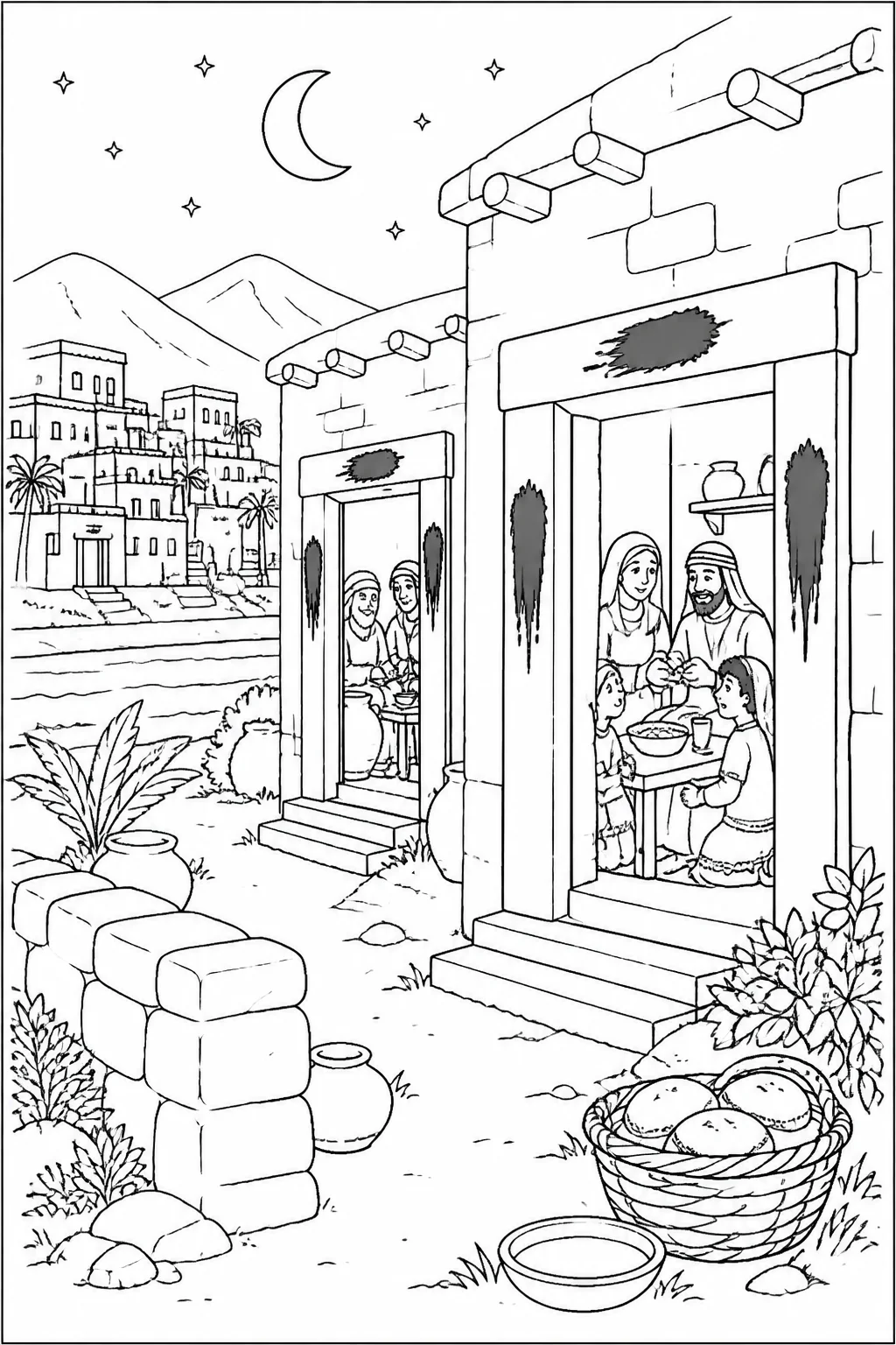 Nighttime Bible illustration concept showing marked Israelite doorways, Israelite families safely indoors, and Egyptian homes in the distance with subdued signs of grief.