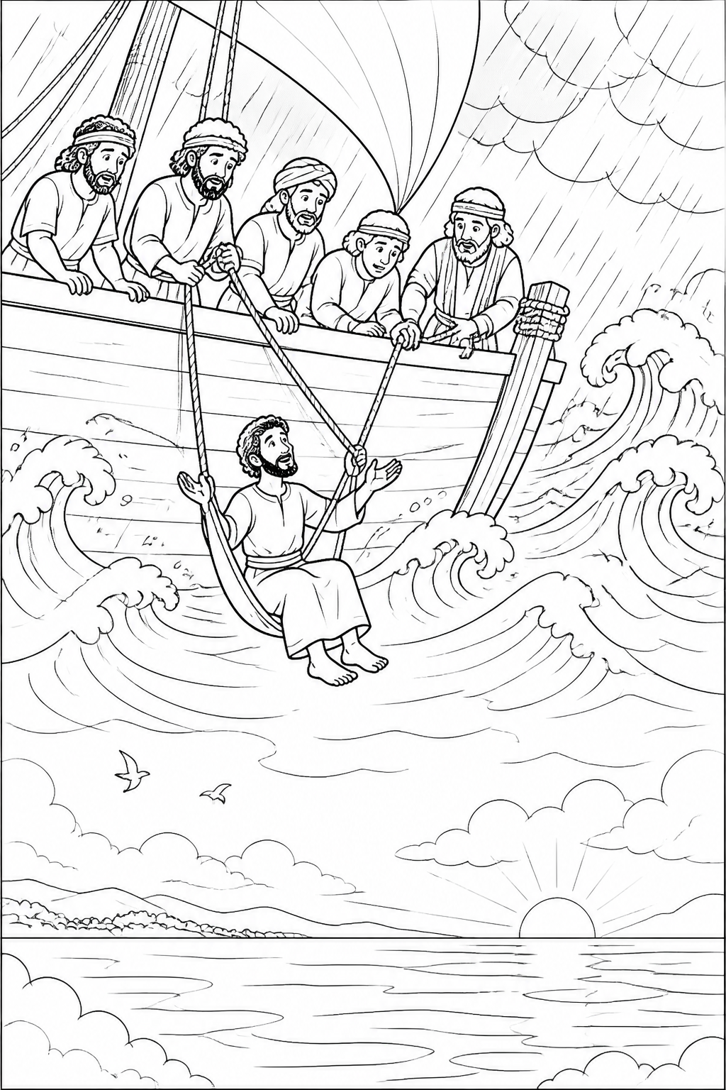 The Storm and the Calm Sea from Jonah and the Great Fish Bible coloring page