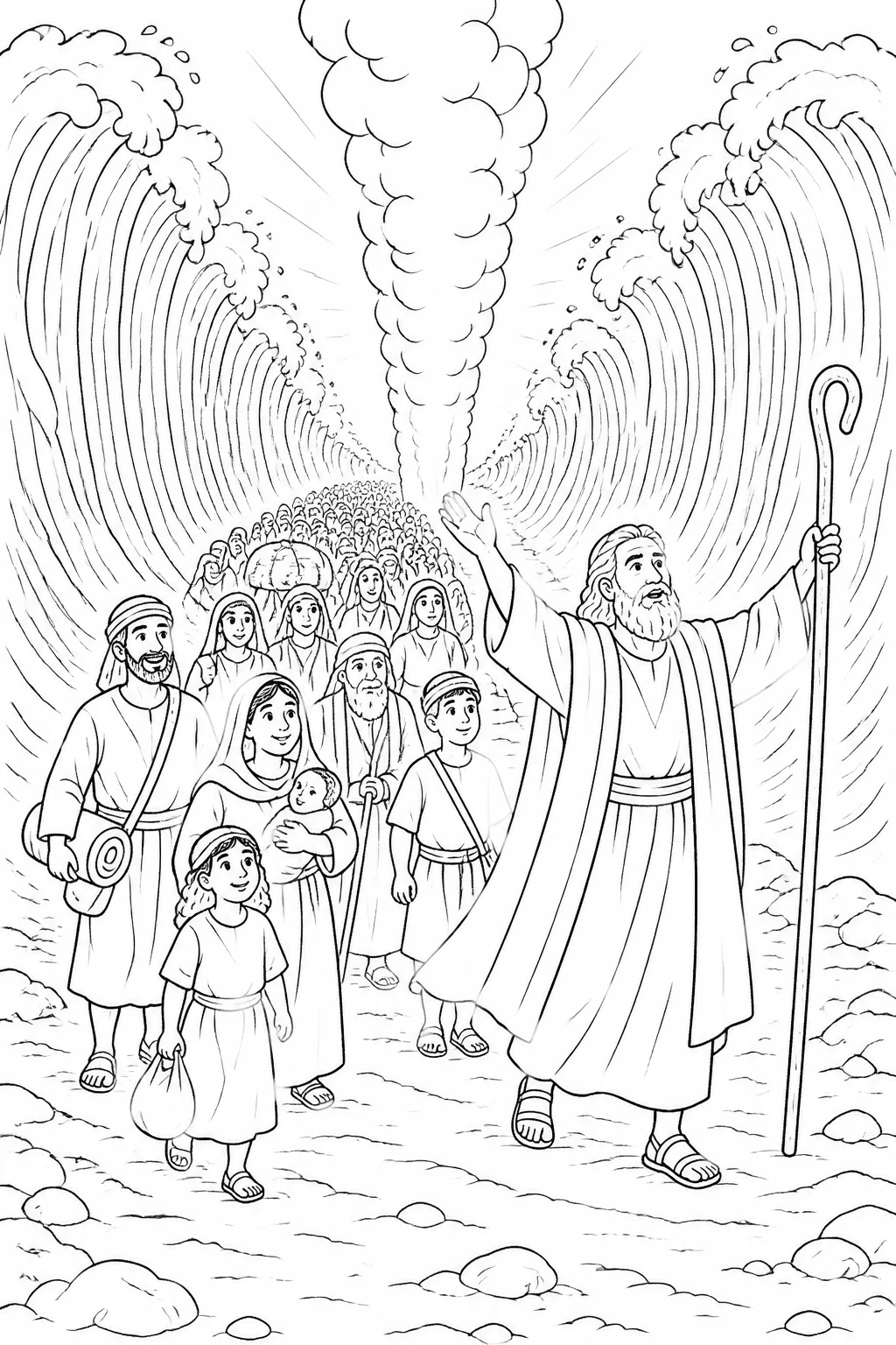 Moses leads the Israelites across dry ground between walls of water in the Red Sea while the pillar of cloud stands between Israel and the Egyptians.