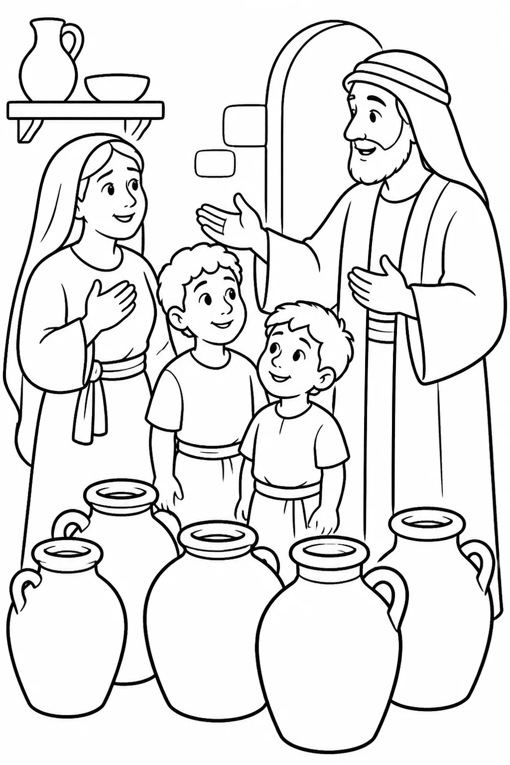 An illustration concept of the unnamed widow, her two sons, Elisha, and containers of oil in the household setting, showing provision for the family.