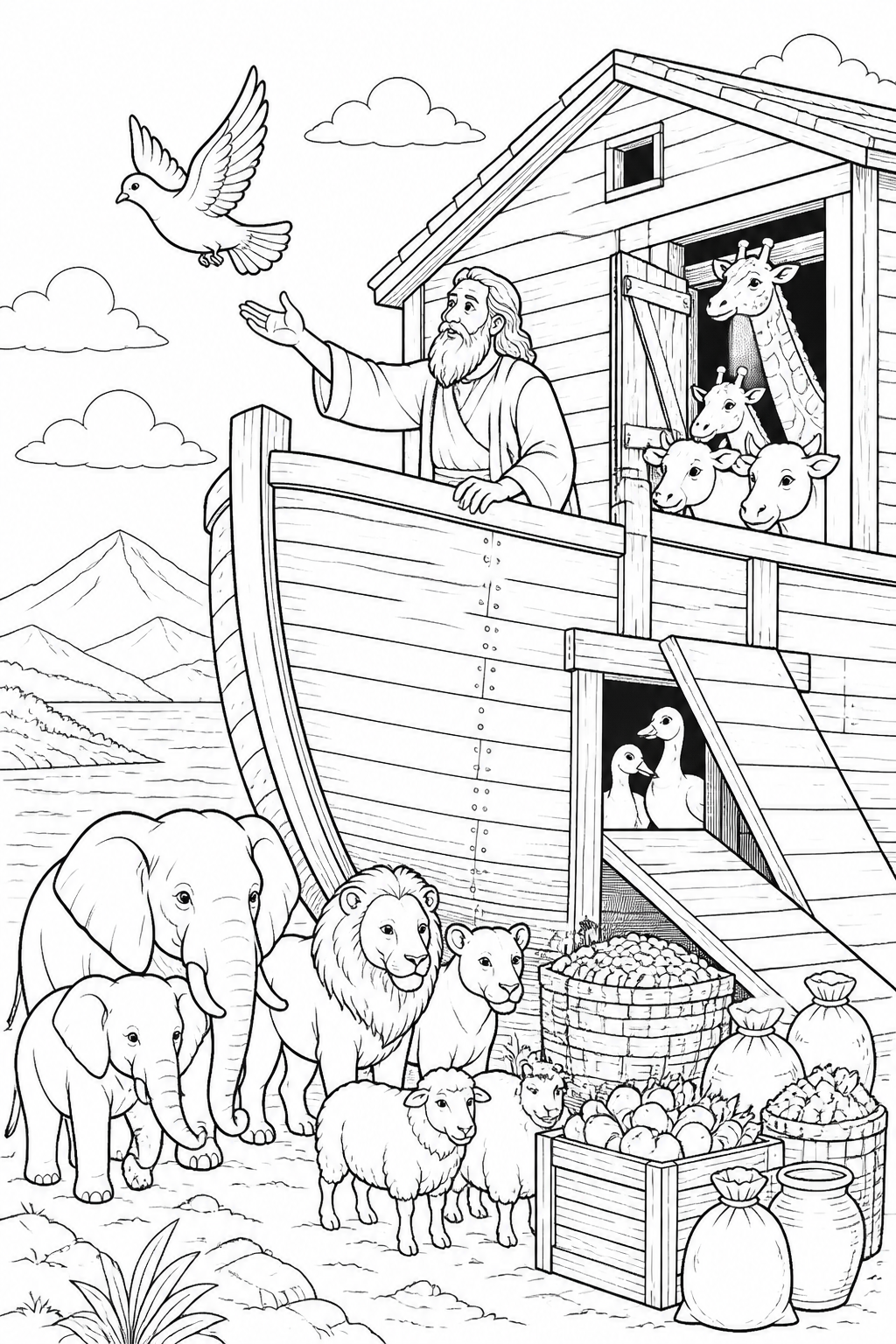 Noah sends out a dove from Noah’s Ark Bible coloring page