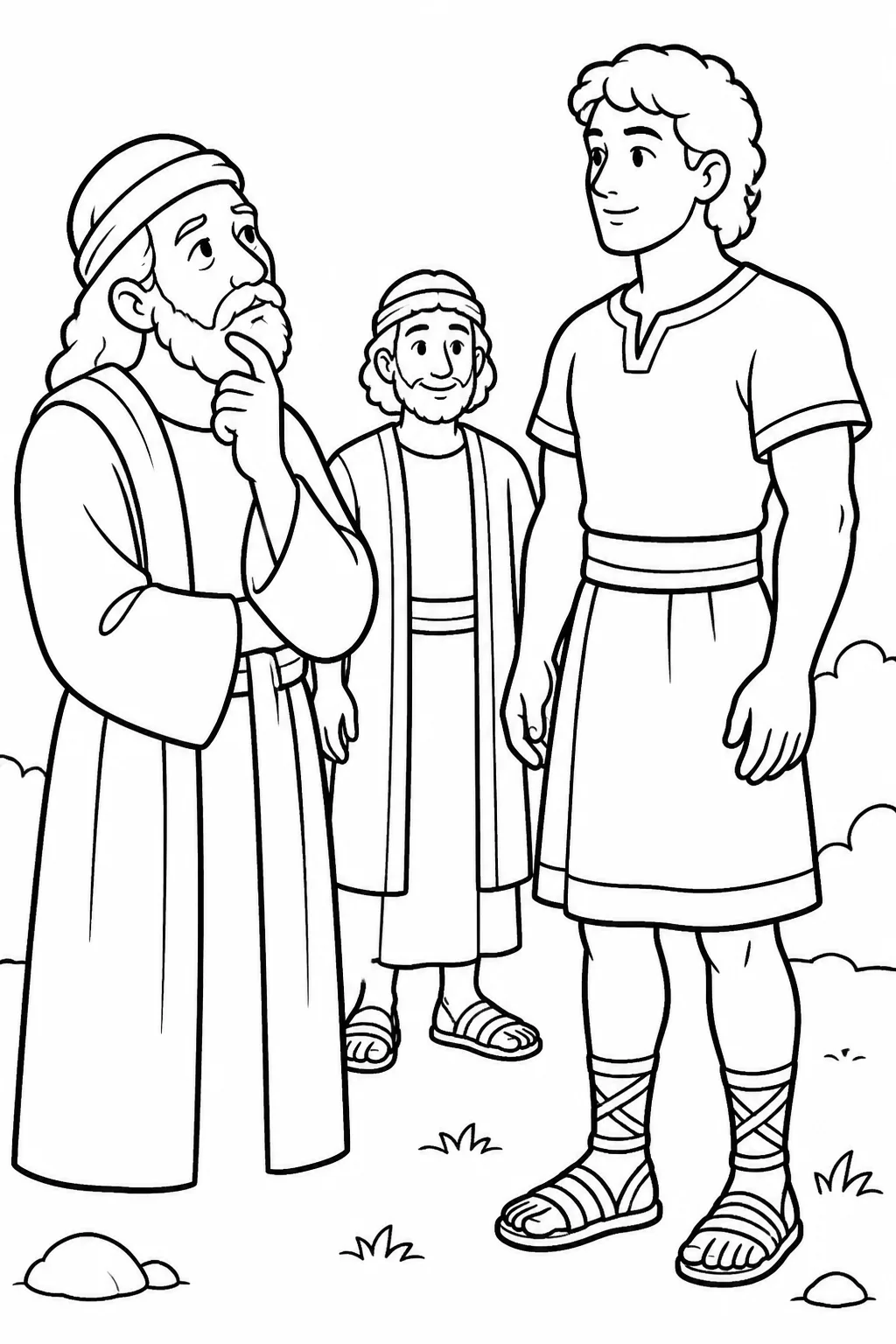Samuel looks thoughtfully at Eliab in Jesse’s house while Jesse is present, illustrating that people notice outward appearance but the LORD looks at the heart.