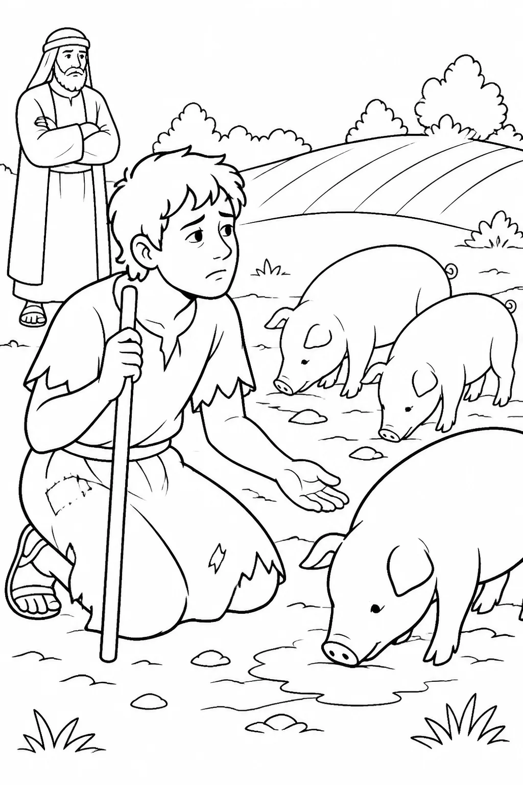 The younger son in a citizen’s fields feeding pigs during a severe famine, longing for food in a distant country.