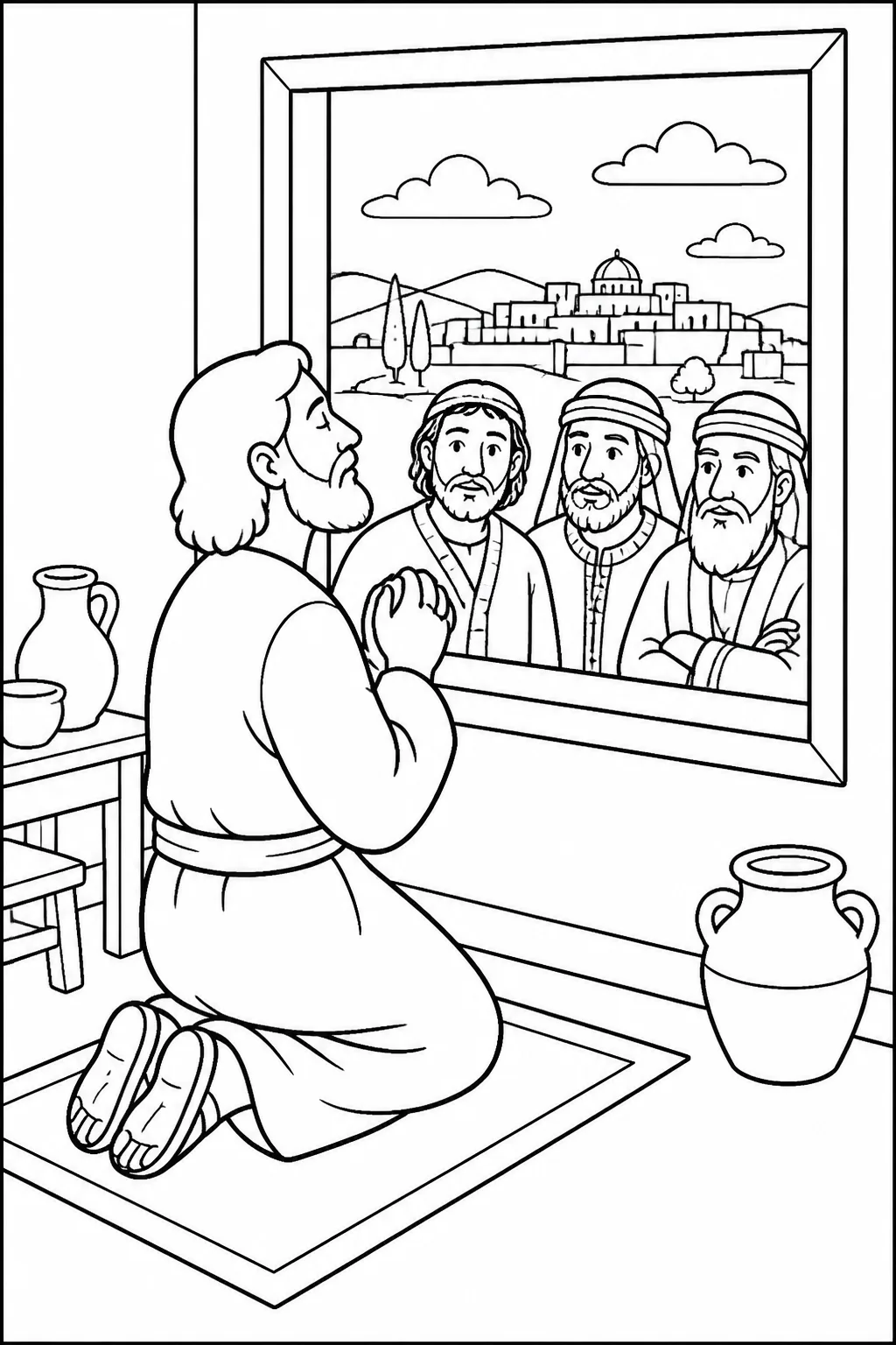 Daniel kneeling in prayer at an open upstairs window facing Jerusalem while administrators and satraps observe outside.