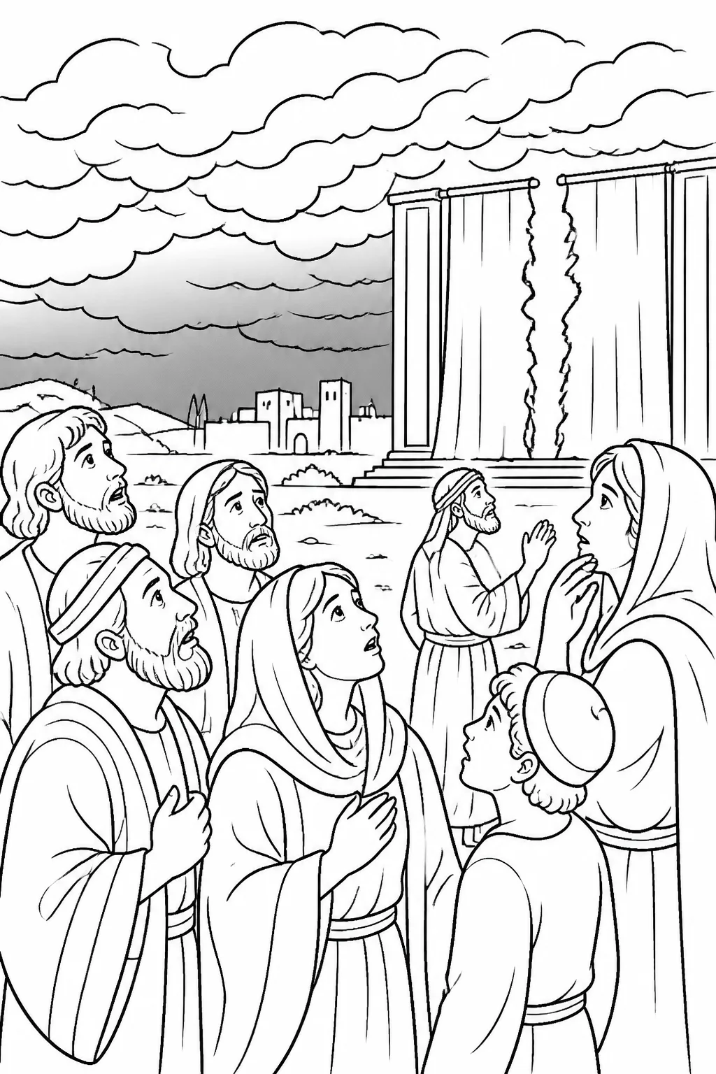 Symbolic illustration of the land beneath a darkened sky with a simple temple curtain torn in two, representing Luke 23:44–45.