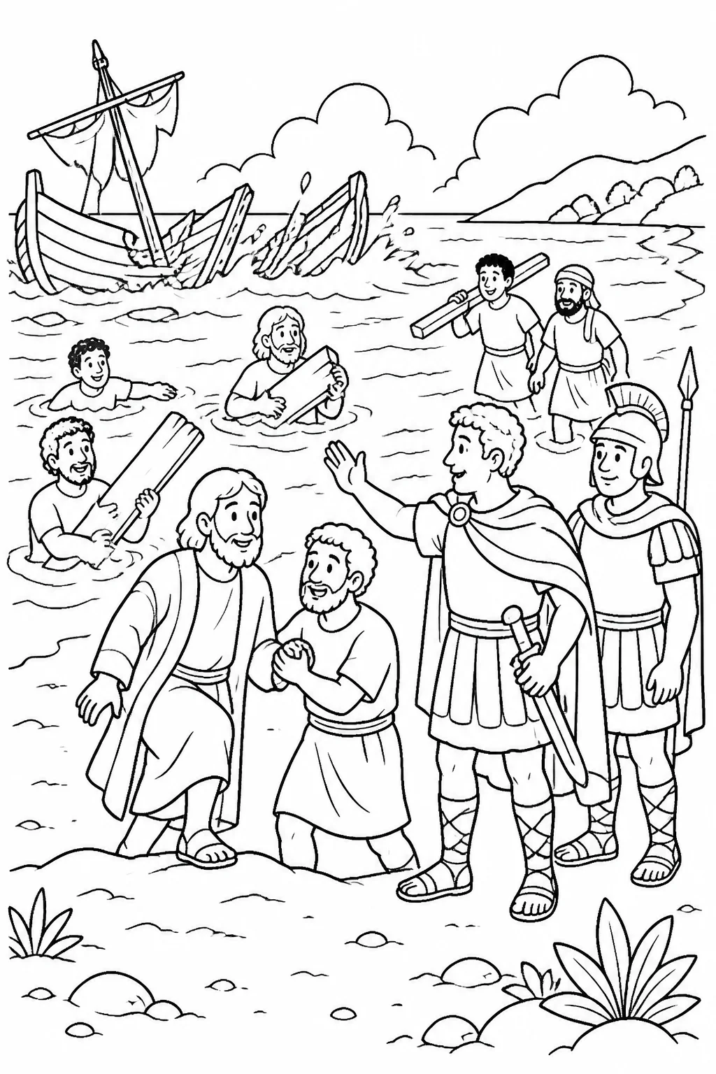 Paul, Julius, soldiers, prisoners, sailors, and other passengers reach an unnamed beach after a ship breaks apart; some swim and others use planks and ship pieces.