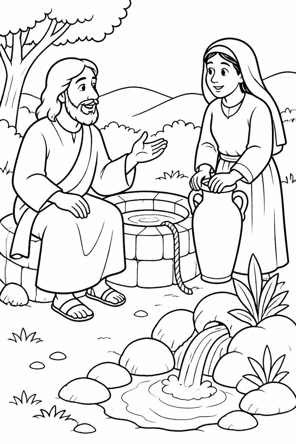 The Gift of Living Water from Jesus and the Samaritan Woman Bible coloring page