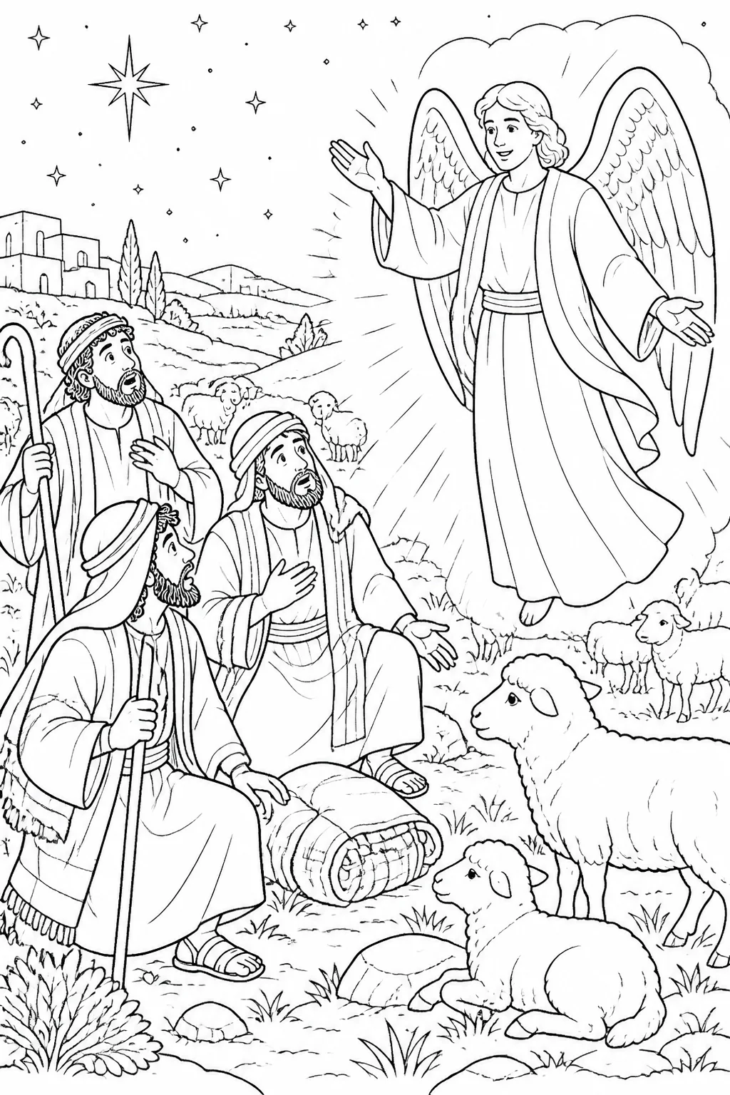 Shepherds guard their flock at night in the fields as an angel of the Lord appears and announces the joyful news of the Savior’s birth.