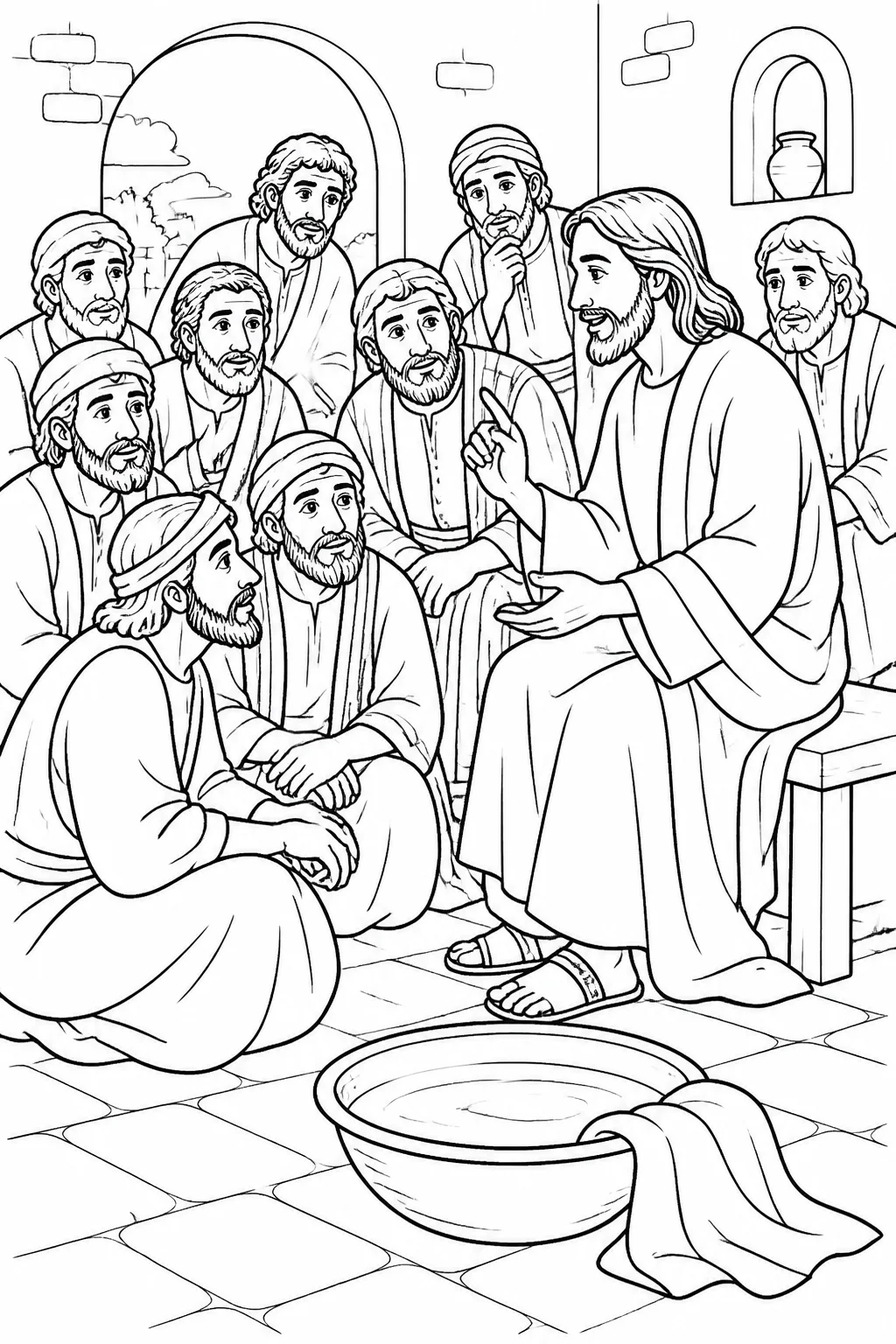 Jesus teaching the disciples after washing their feet, with a basin and towel in the foreground.