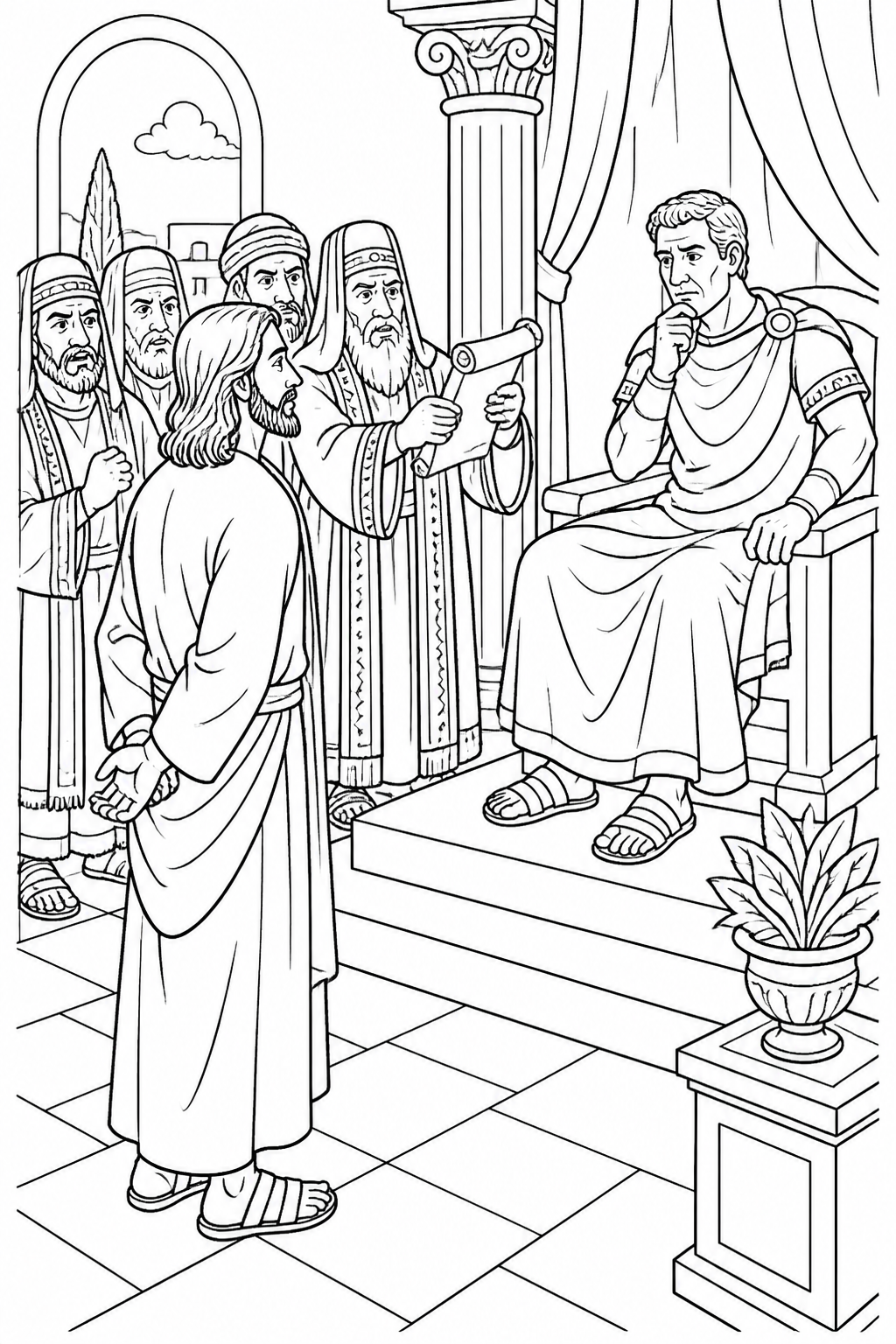 Jesus Before Pilate from Jesus Is Arrested and Tried Bible coloring page