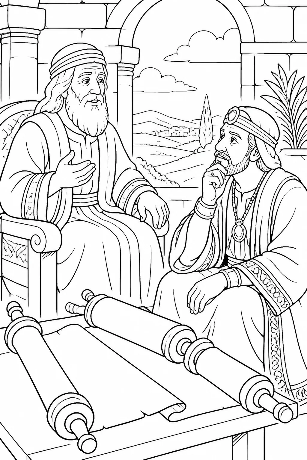 Abraham speaks with the unnamed rich man while scrolls representing Moses and the Prophets are shown in the foreground.