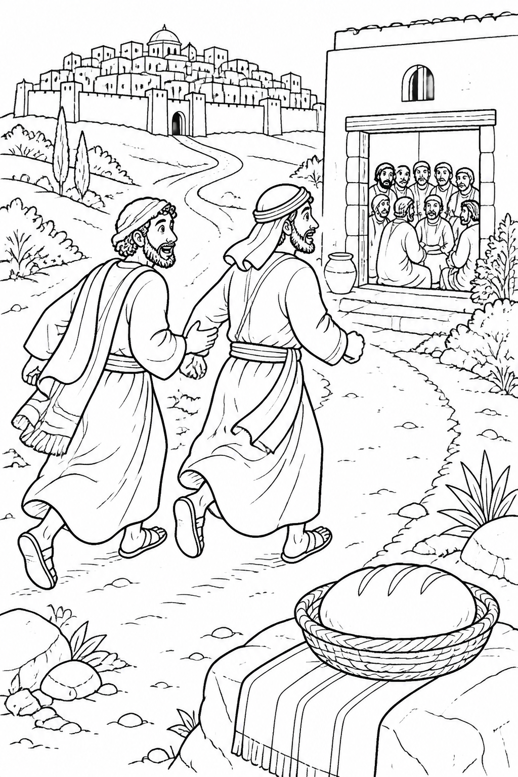 The Disciples Return to Jerusalem from Jesus on the Road to Emmaus Bible coloring page