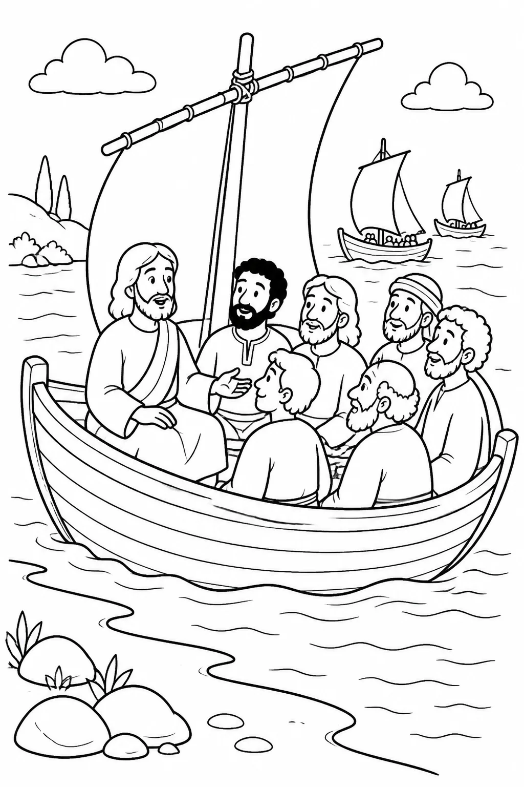 Jesus sits with several disciples in a boat as they leave the seashore and begin crossing the sea, with other boats nearby.