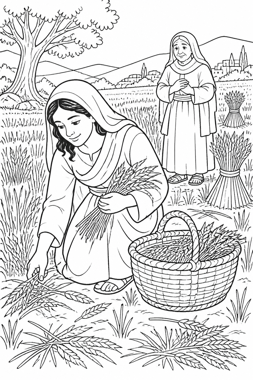 Ruth Gathers Leftover Grain from Ruth Gleans in Boaz’s Field Bible coloring page