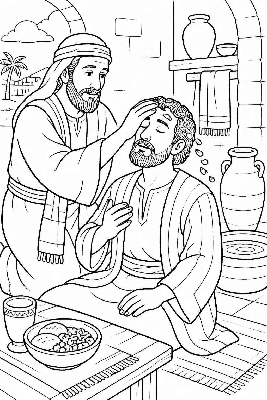 Ananias lays hands on Saul inside a house in Damascus as simple scale shapes fall from Saul’s closed eyes; a bowl of food is nearby.