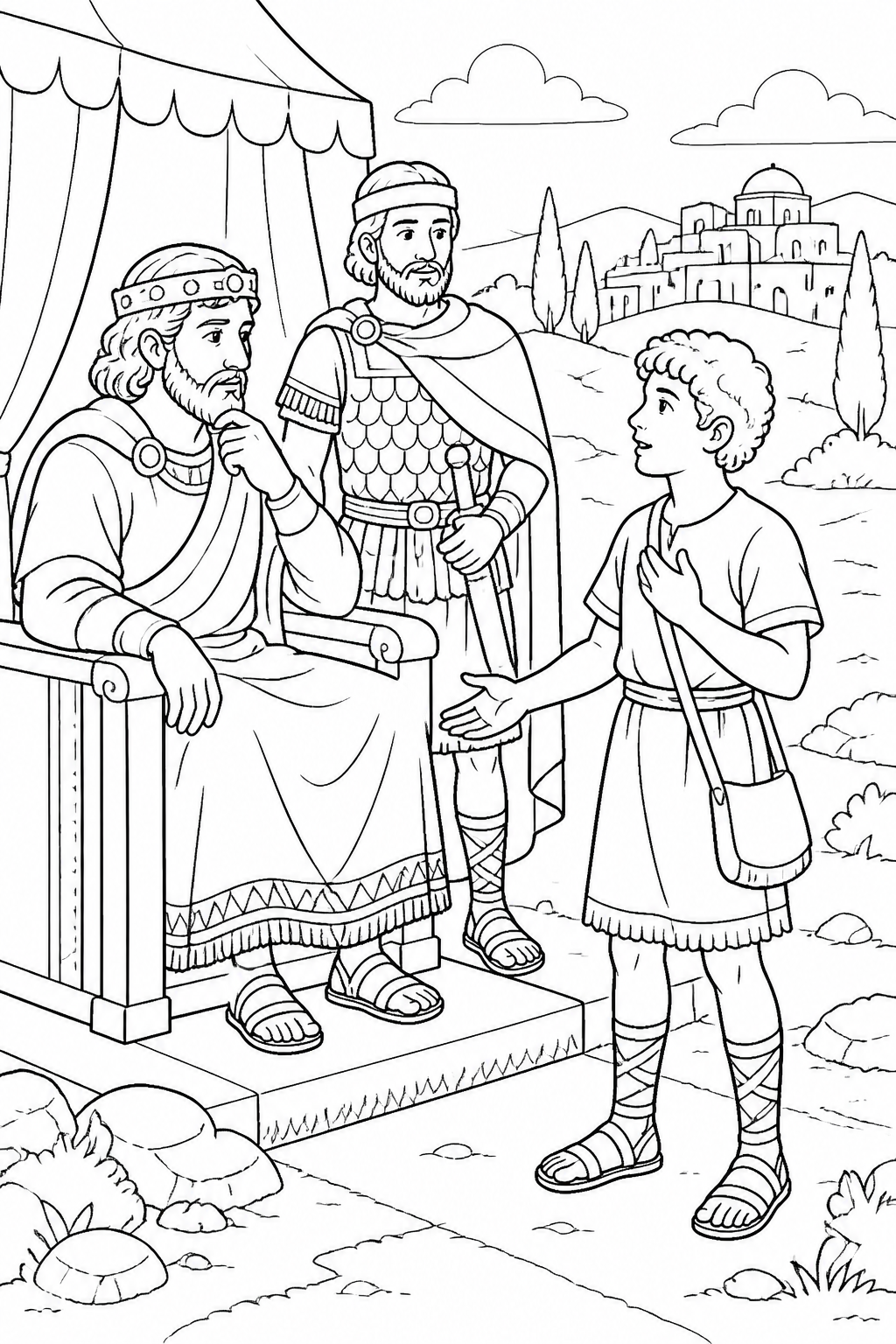 Saul Asks David About His Family from David and Goliath Bible coloring page