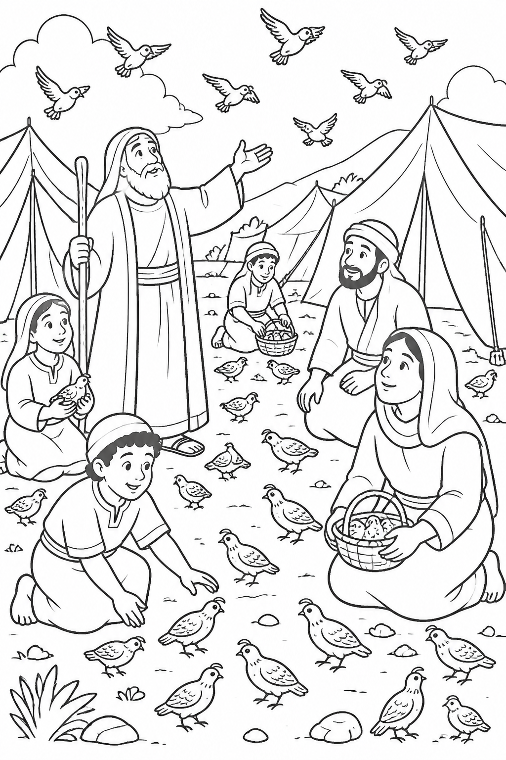 Quail Around the Camp from Manna in the Wilderness Bible coloring page