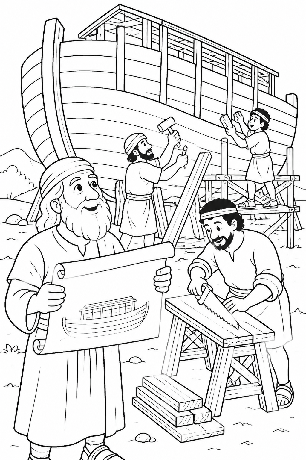 Noah builds the Ark from Noah’s Ark Bible coloring page