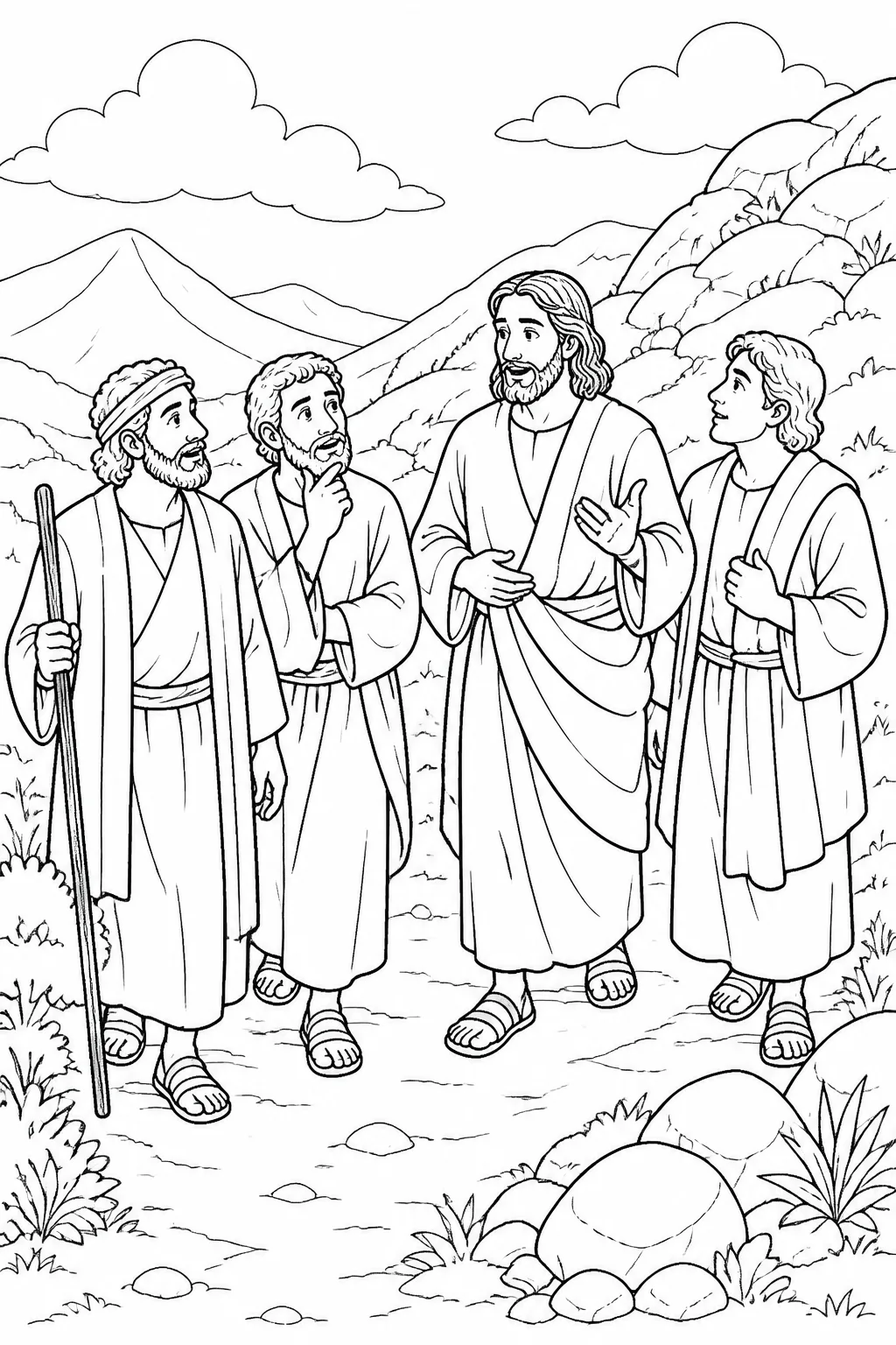 Jesus walking down a mountain with Peter, James, and John while explaining their question about Elijah.