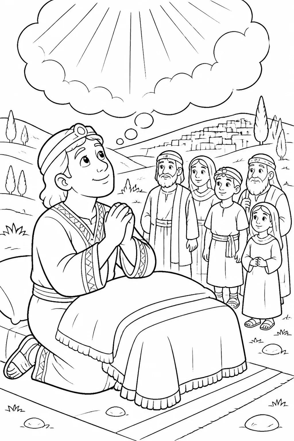 Solomon praying in a simple dream setting at Gibeon as he asks the LORD for an understanding heart to govern God’s people.