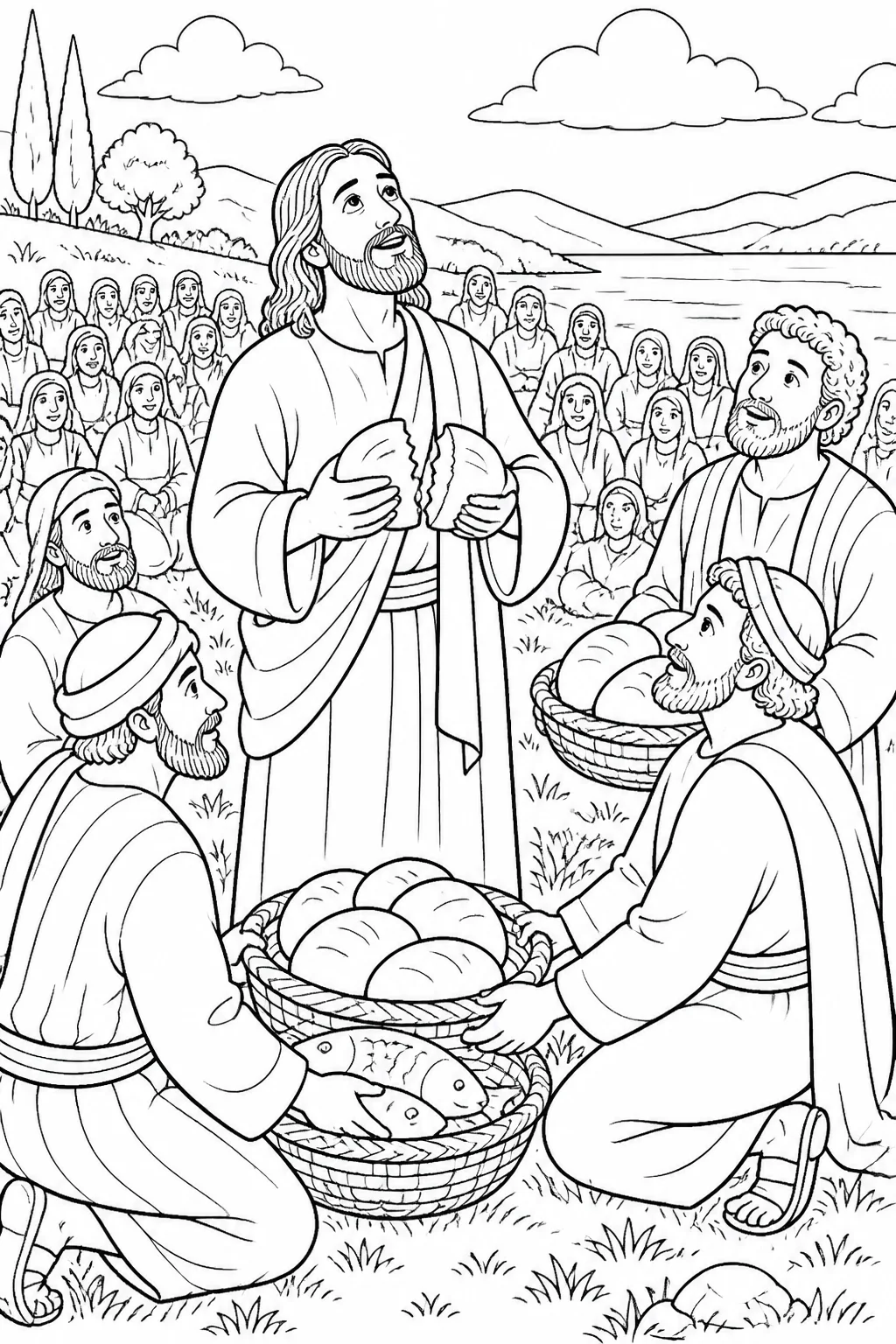 Jesus gives thanks while holding five loaves and two fish before the disciples set the food before the crowd on the grass.
