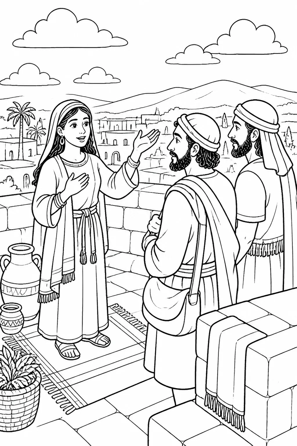 Rahab speaks with two unnamed Israelite spies on the roof of her house in Jericho beneath an open sky, based on Joshua 2:8-11.