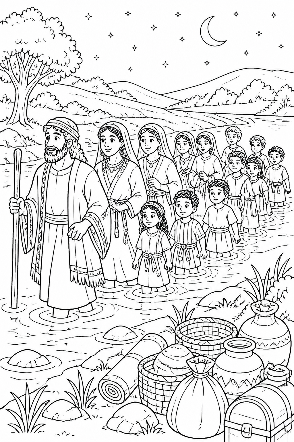 Crossing the Jabbok at Night from Jacob Wrestles at Peniel Bible coloring page