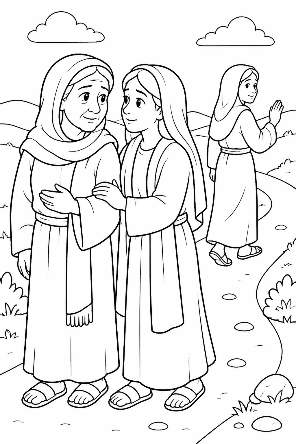 Ruth stays beside Naomi on the road from Moab to Bethlehem while Orpah says goodbye and turns back, based on Ruth 1:14–18.