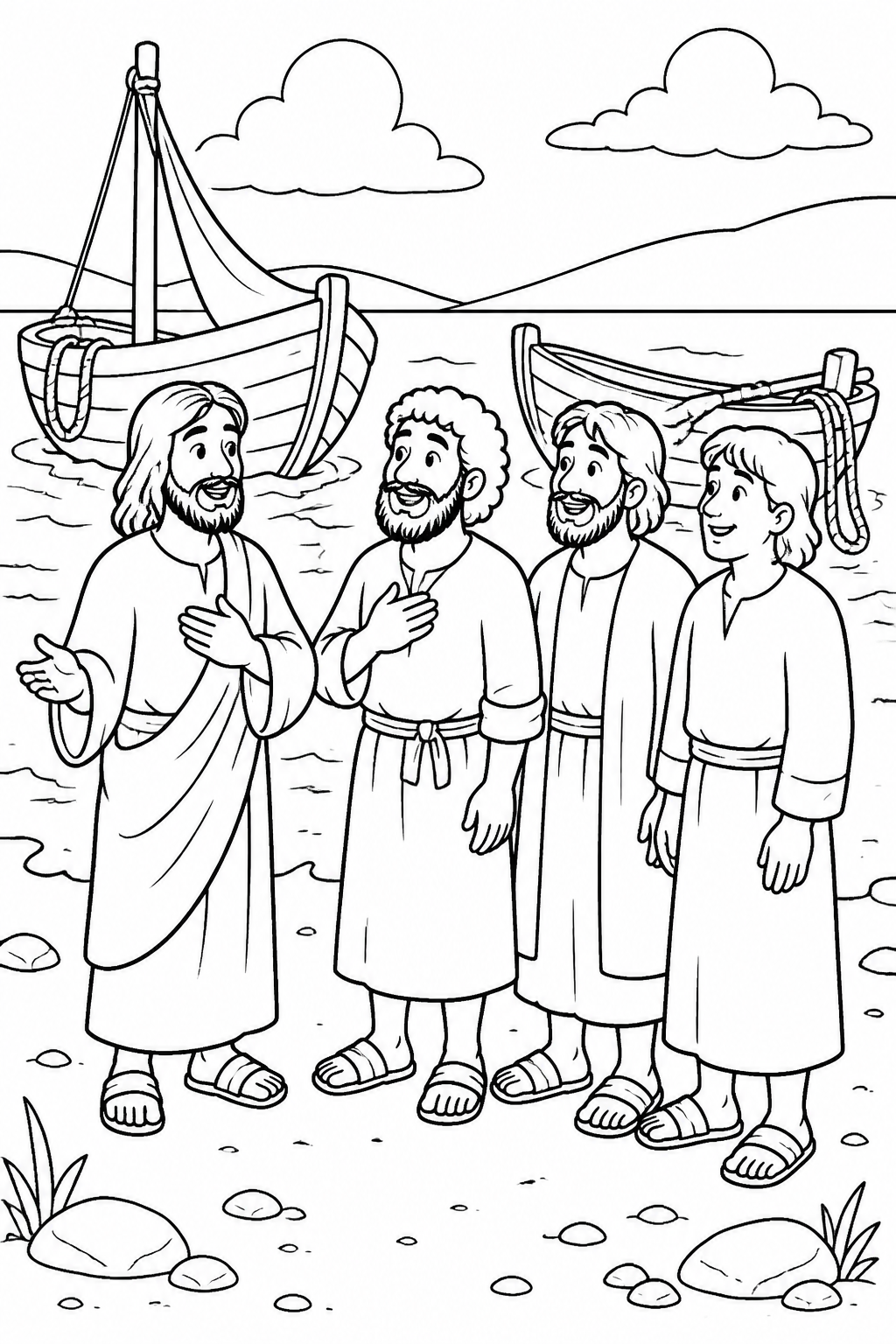 Following Jesus from the Shore from The Miraculous Catch of Fish Bible coloring page