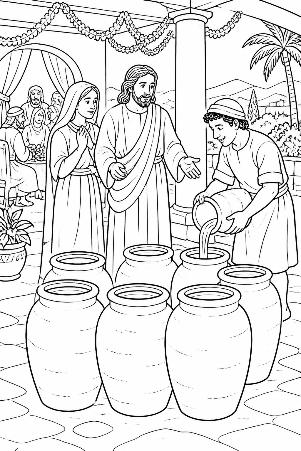 Six Stone Jars Nearby from Jesus Turns Water into Wine Bible coloring page