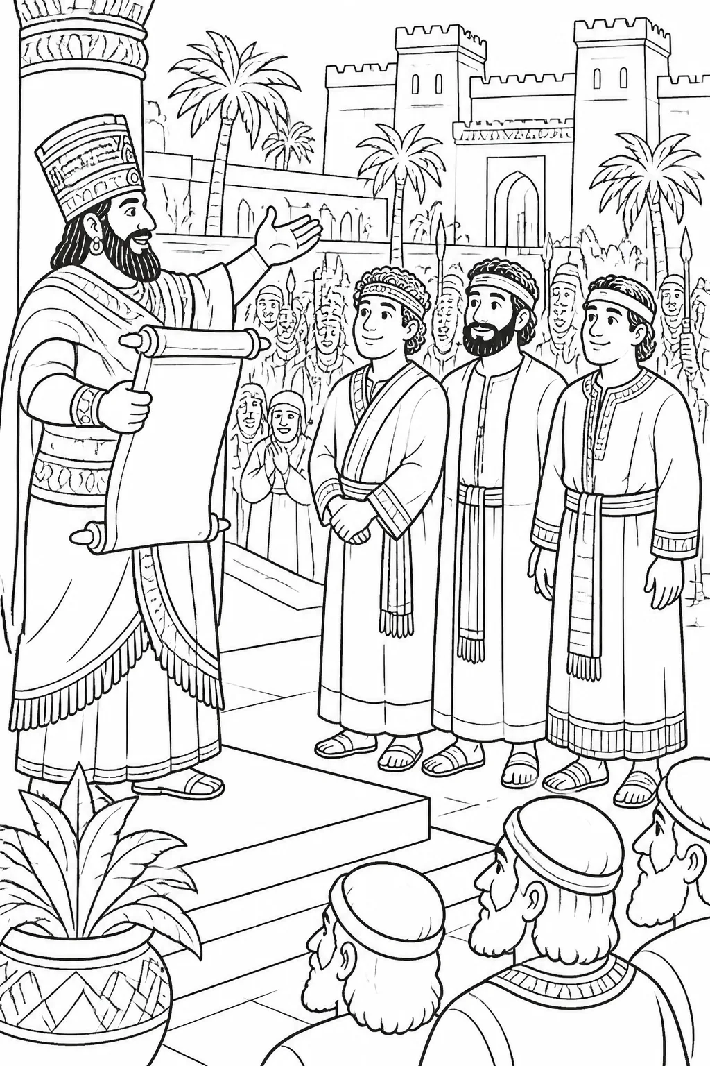Nebuchadnezzar publicly praises the God of Shadrach, Meshach, and Abednego after their rescue, with a royal decree suggesting his announcement.