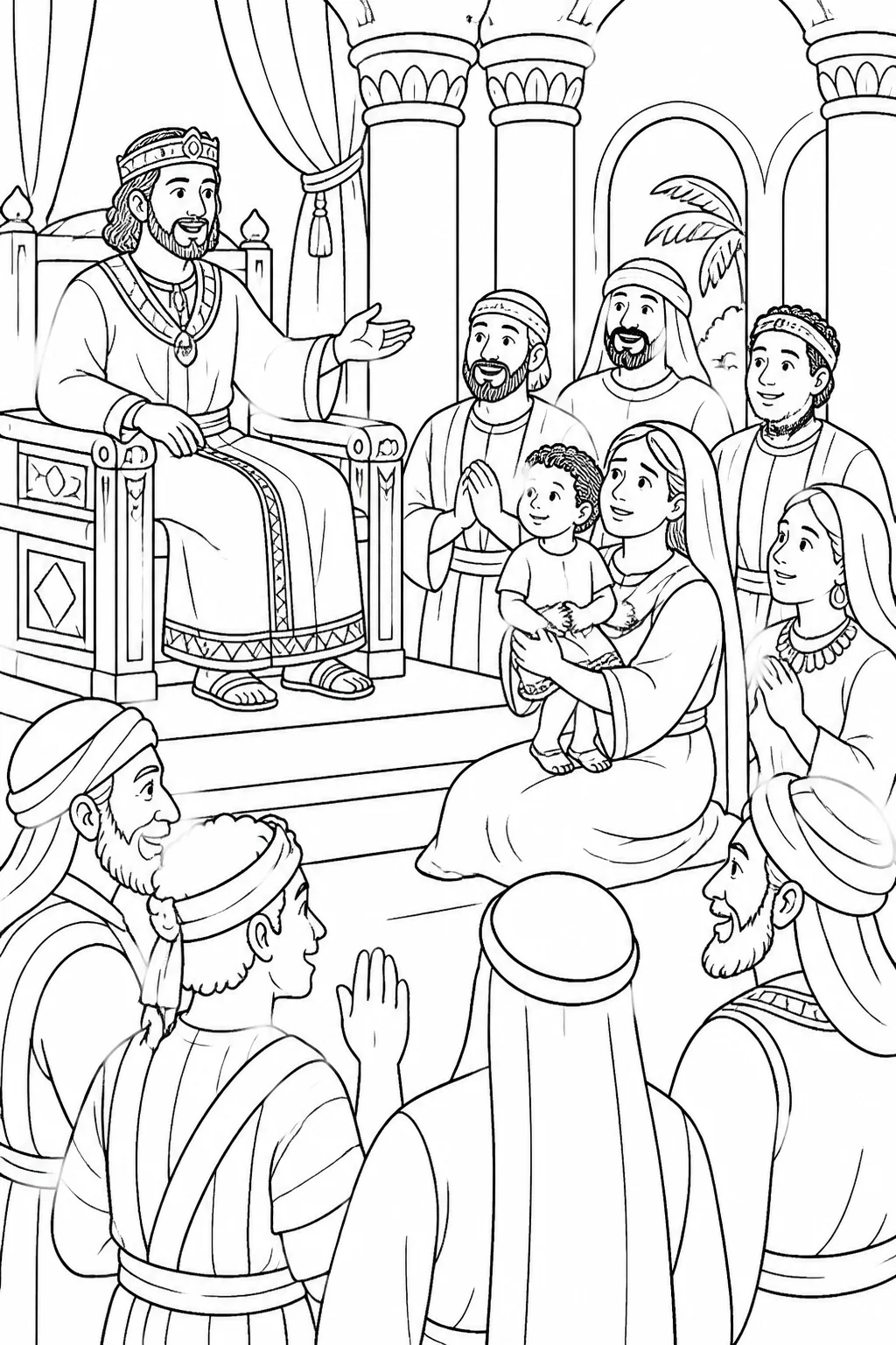 Solomon in his court with the living child safely beside the recognized mother while people of Israel listen and recognize his God-given wisdom.
