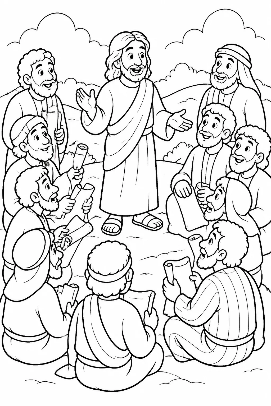 Jesus teaching the eleven disciples on a mountain in Galilee, with scrolls or teaching materials representing learning and following his commands.